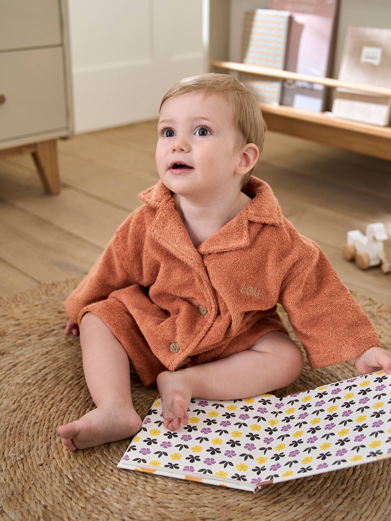 Vertbaudet Baby Bademantel mit Recycling-Baumwolle, personalisierbar - blau chambray