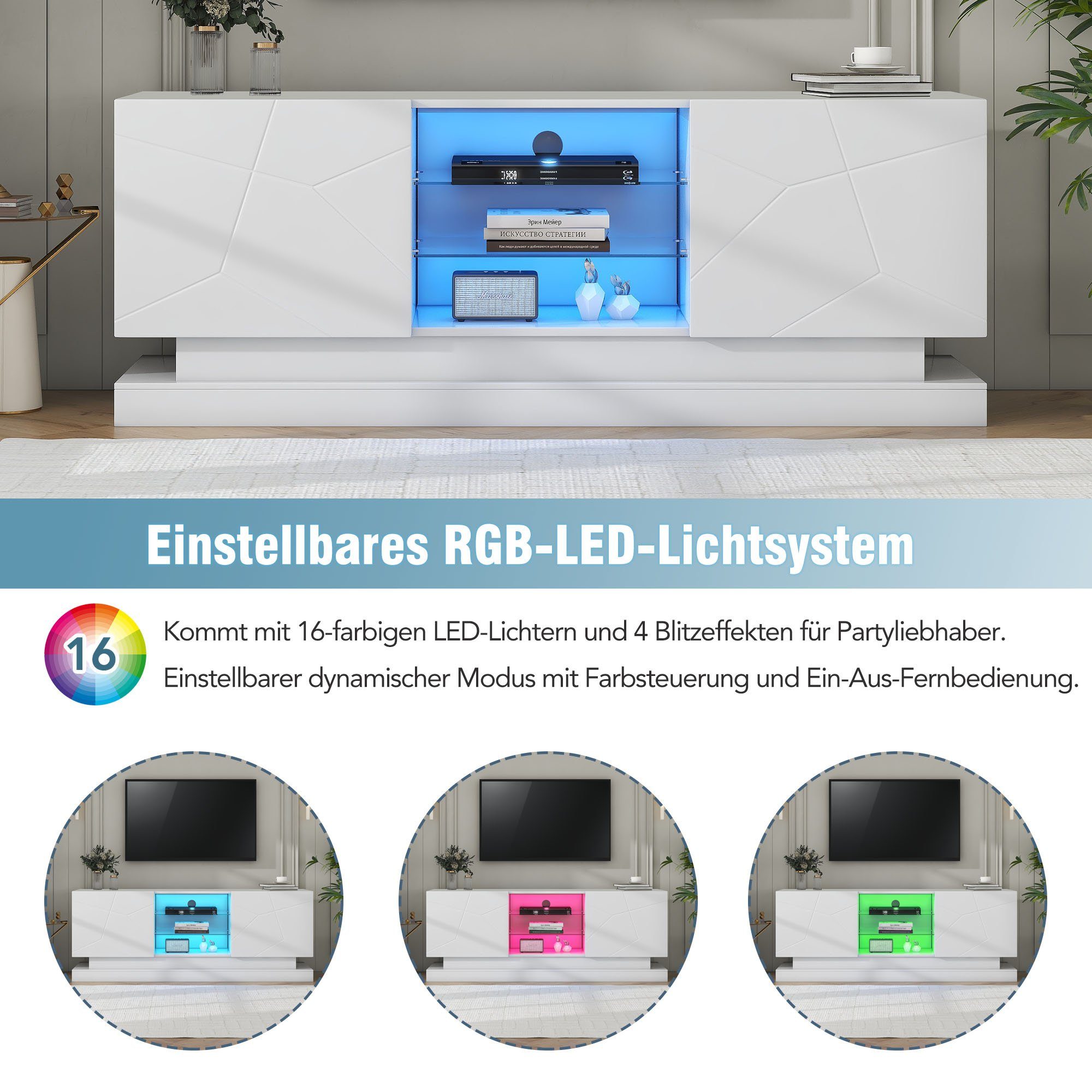 REDOM TV-Schrank (Hochglanz, mit verstellbaren Einlegeböden Hochglanz mit LED-Beleuchtung) Breite: 160cm