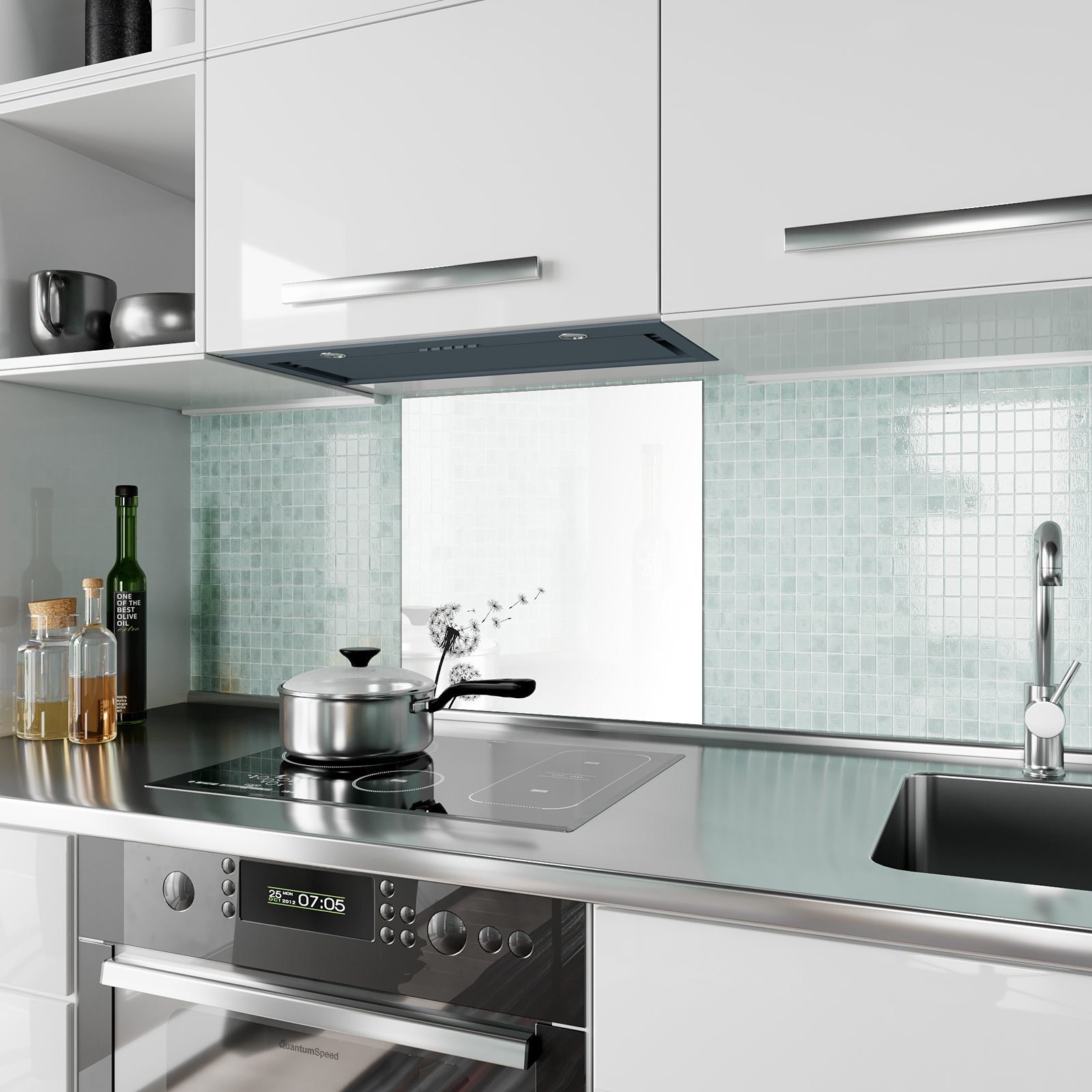 Primedeco Küchenrückwand Küchenrückwand Spritzschutz Glas mit Motiv Löwenzahn Silhouette