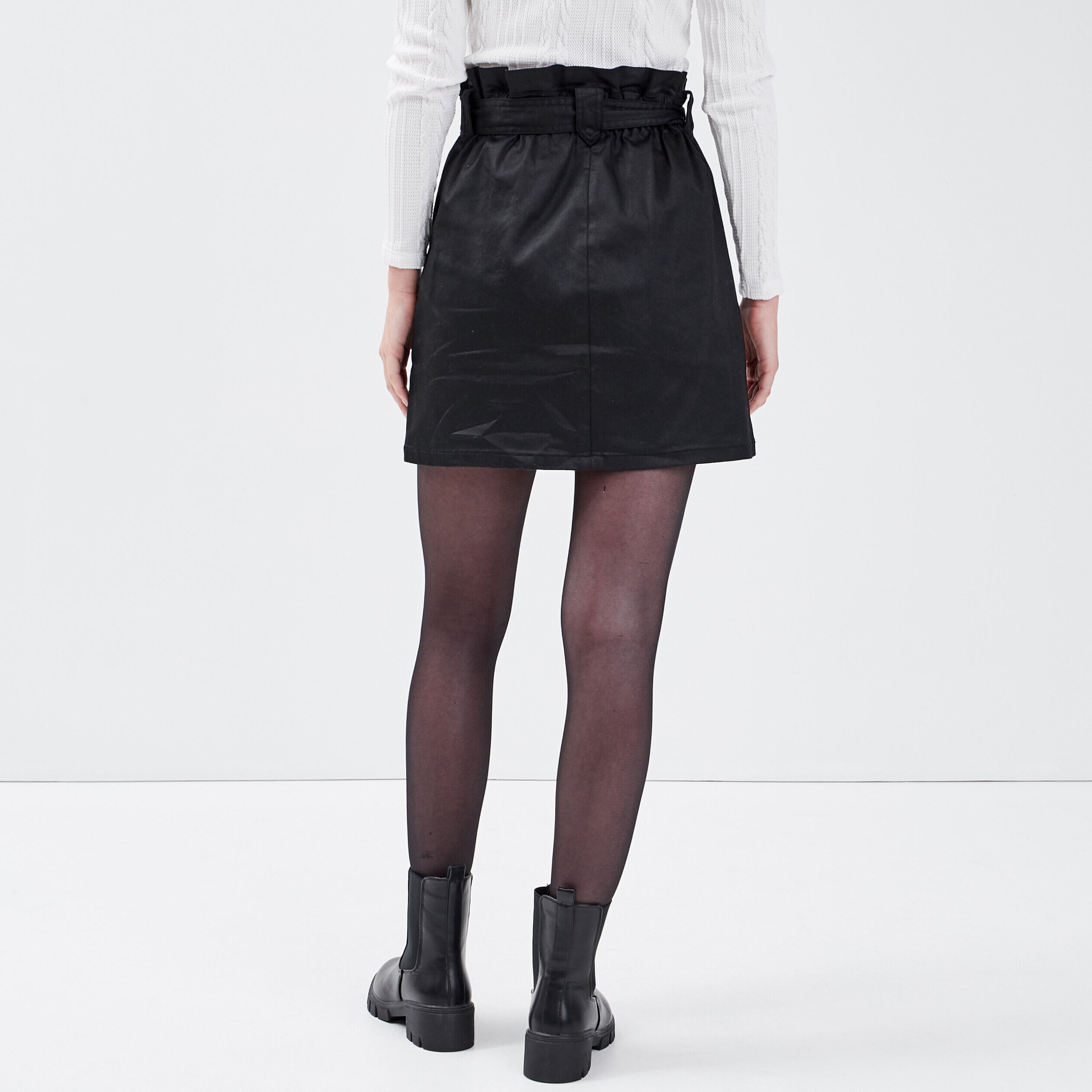 Jupe paperbag enduite noir femme | Cache Cache