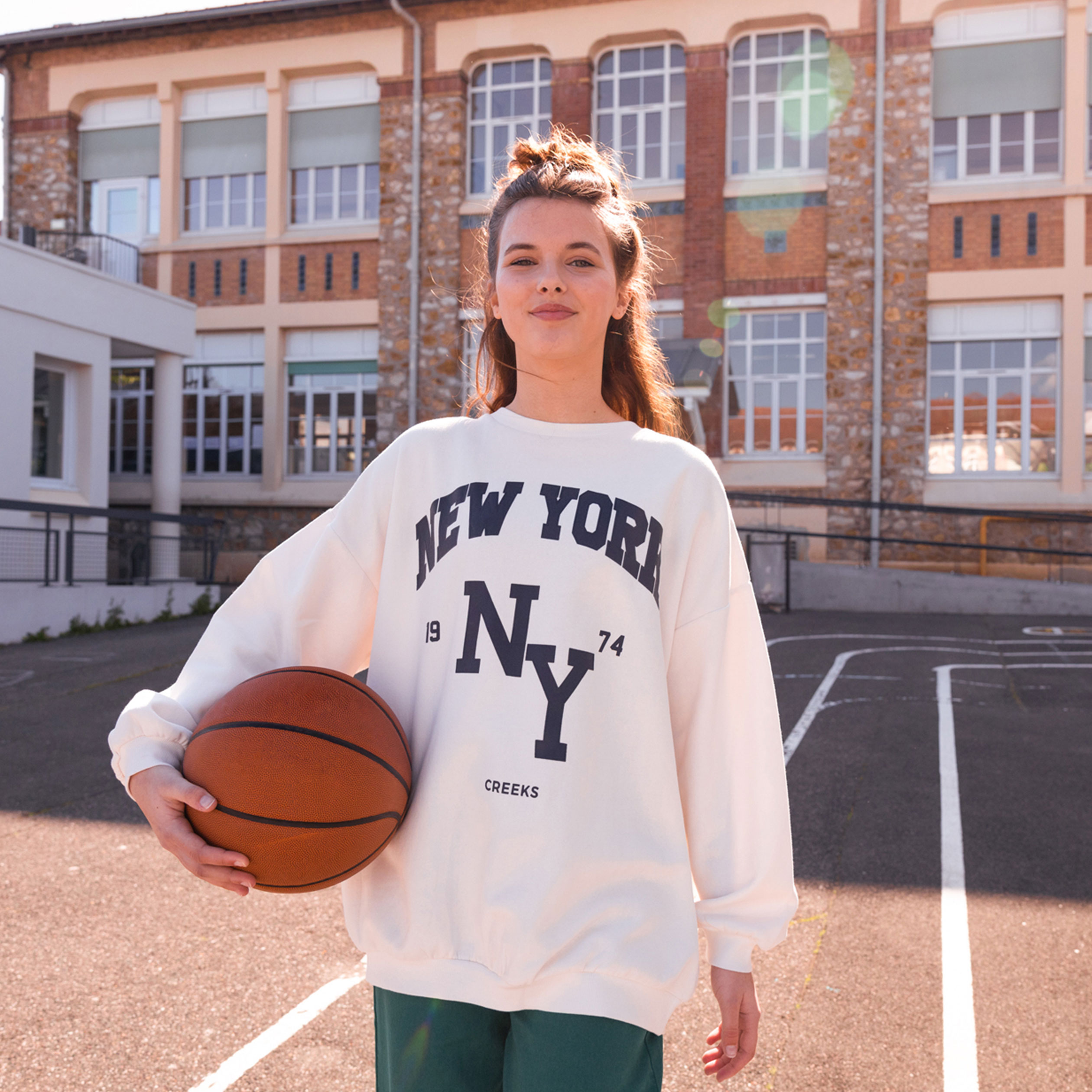 Sweat oversize mi-long col rond Creeks creme femme | La Halle