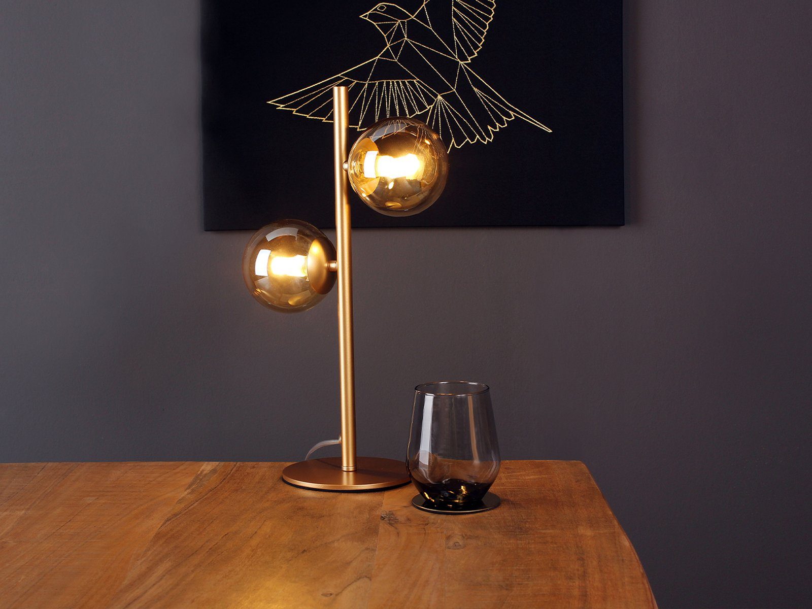 meineWunschleuchte LED Nachttischlampe, Dimmfunktion, LED wechselbar, Warmweiß, große ausgefallene Designer Bauhaus Lampe dimmbar, 2x Glas-kugel Gold