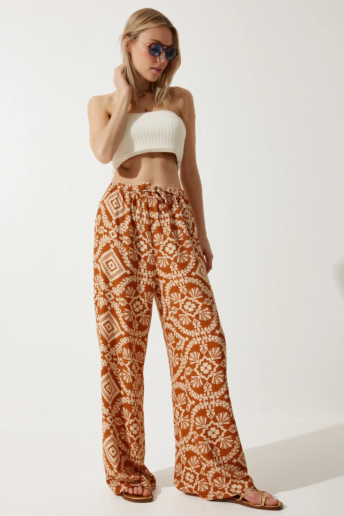 Happiness İstanbul  Ziegelbeige gemusterte Palazzo-Hose aus Rohleinen für Damen BH00397