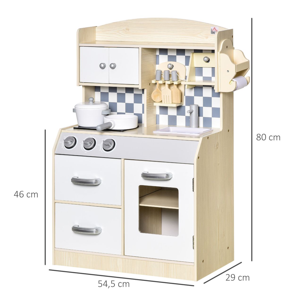 HOMCOM Kinderküche Spielküche aus Holz Küchenspielzeug mit Zubehör für 3–6 Jahre