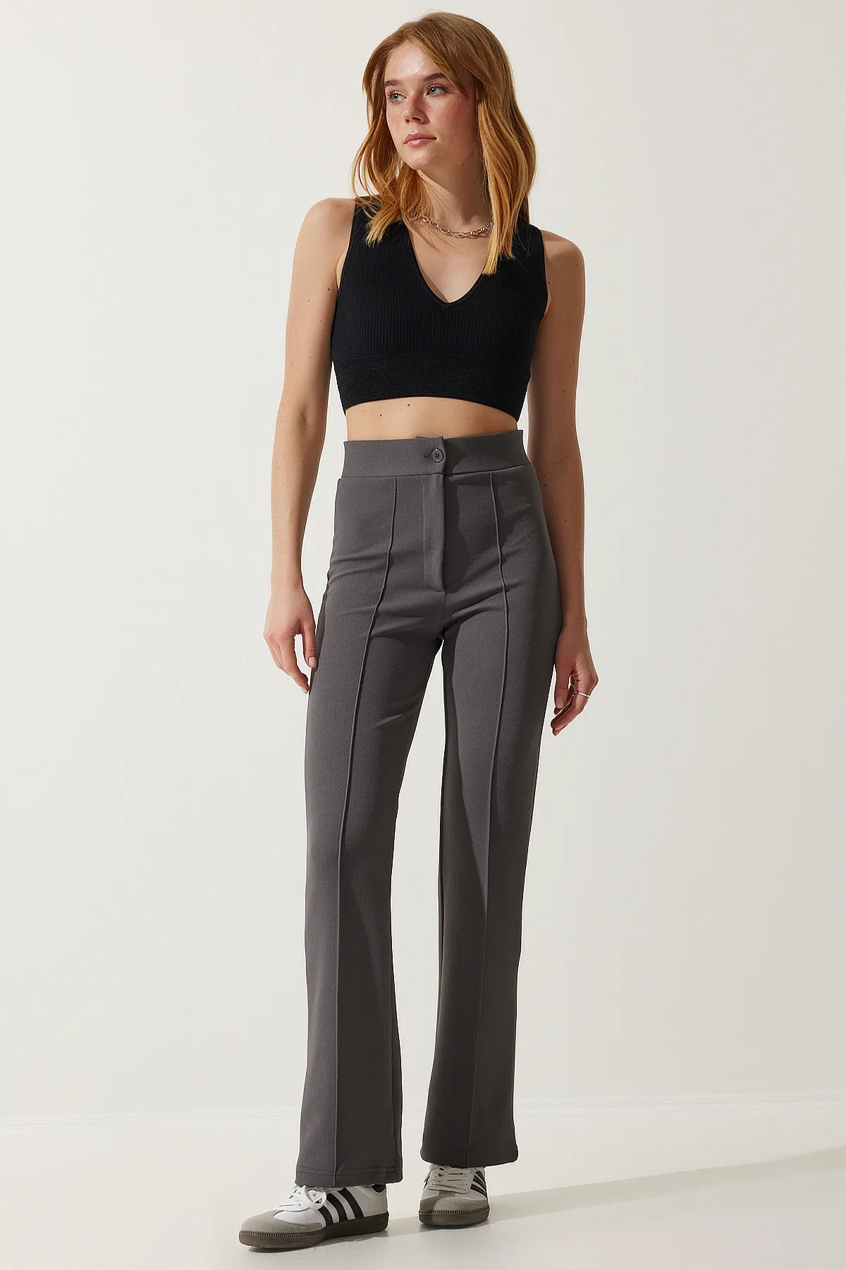 Happiness İstanbul  Bequeme Strickhose aus geräuchertem Lycra mit hoher Taille für Damen RV00090
