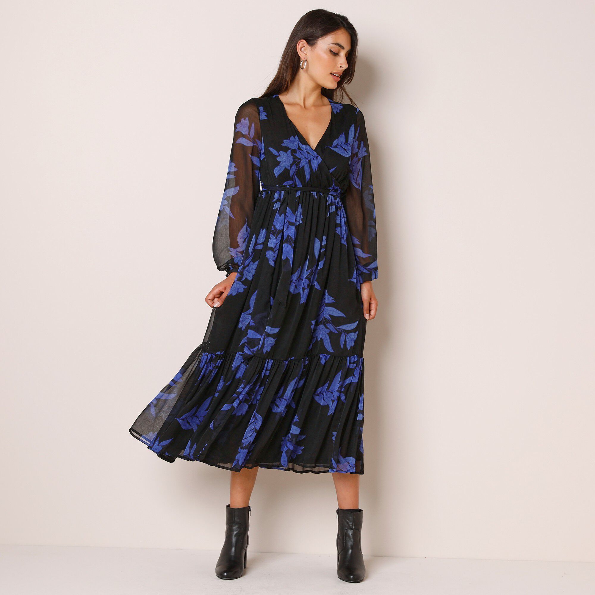 Robe longue volant, voile imprimé