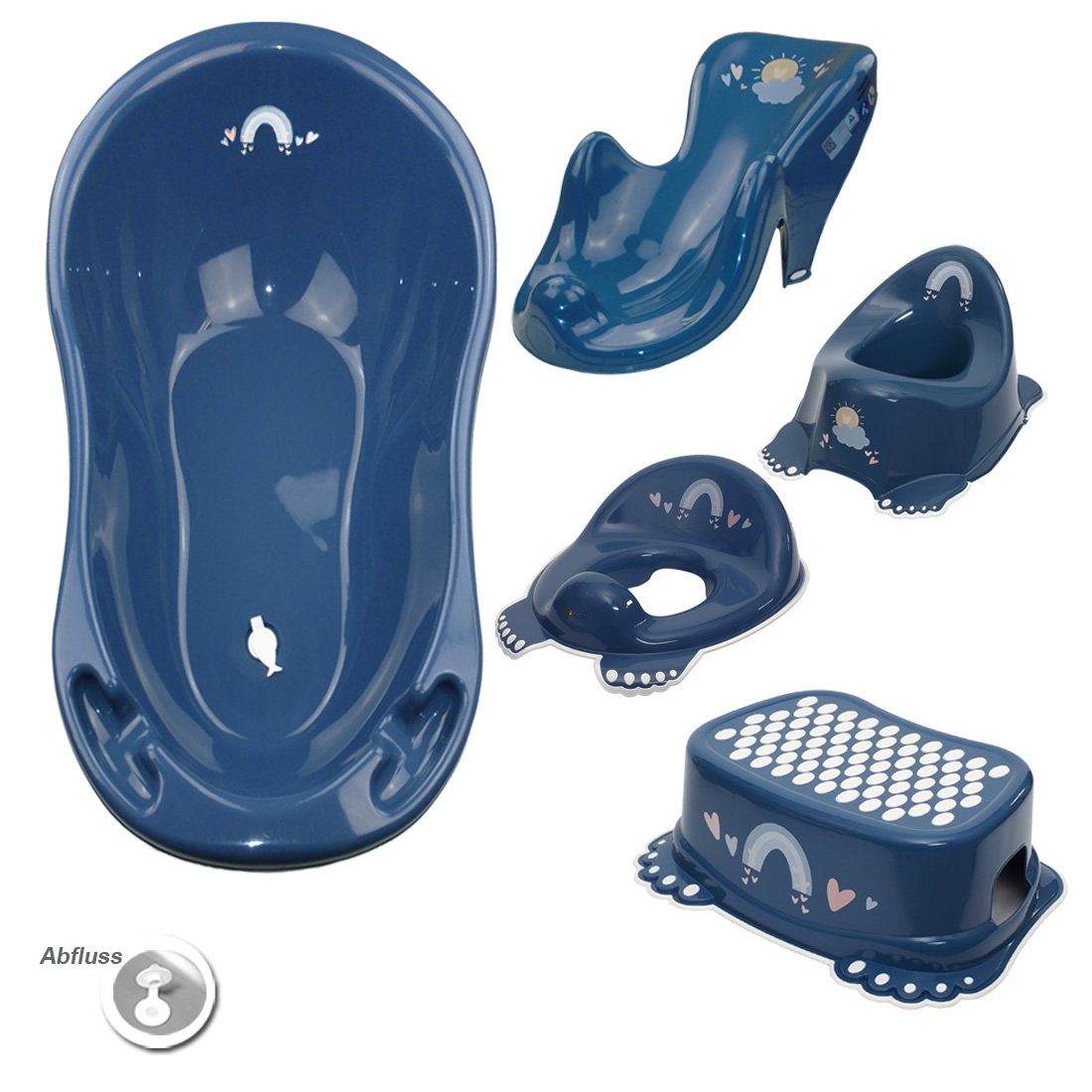 Tega-Baby Babybadewanne 5 Teile SET - METEO Blau - -Babybadeset Wanne Pflege Zubehör, (Made in Europe Premium.set), Babybadewanne + Badesitz + Töpfchen + Wc Aufsatz + Hocker