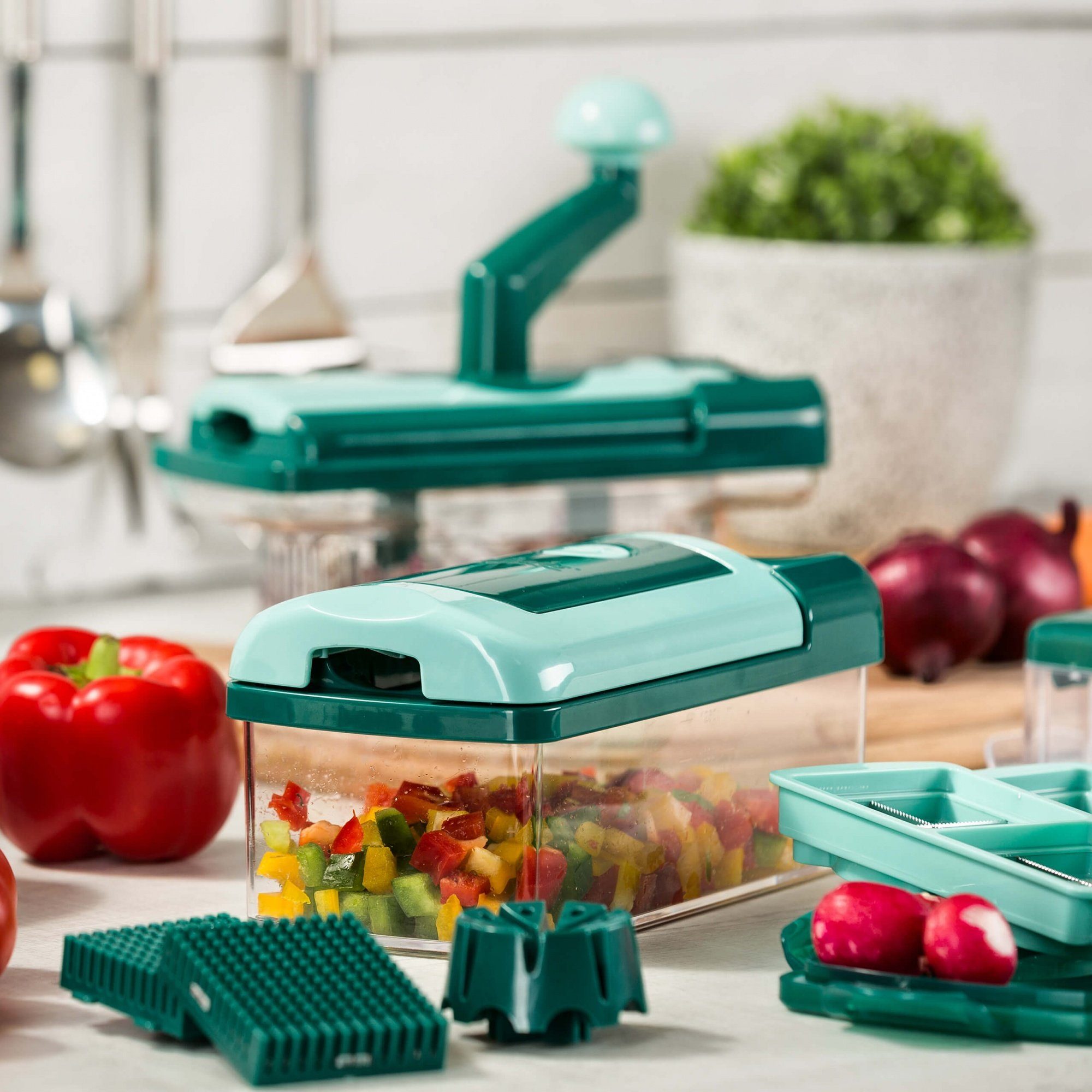 Genius Gemüseschneider Nicer Dicer Fusion smart, Set 34-tlg., mintgrün, präzisionsgeschliffene Klingen aus Edelstahl in GNOX-Qualität