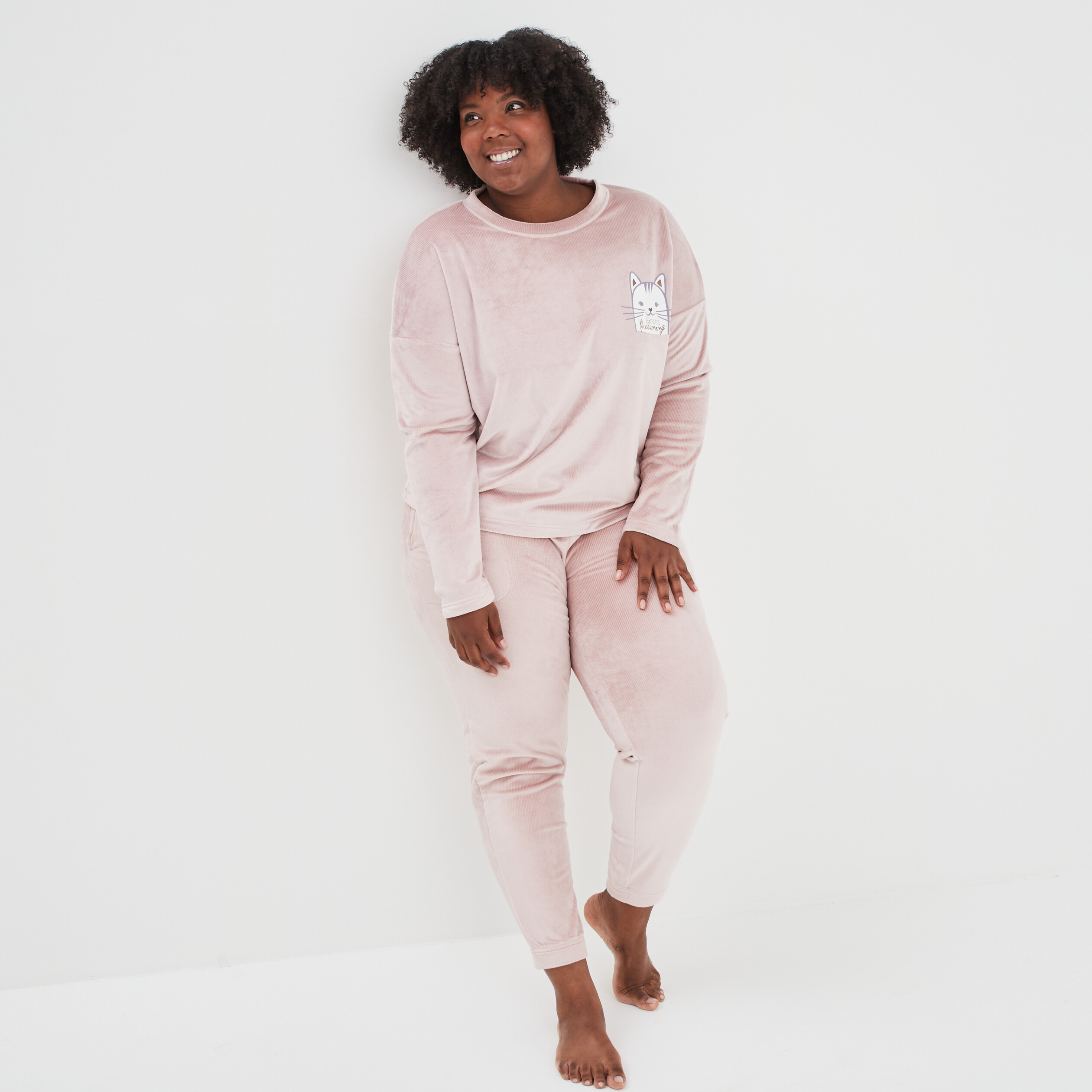 Ensemble pyjama pantalon velours côtelé rose pastel femme grande taille | La Halle