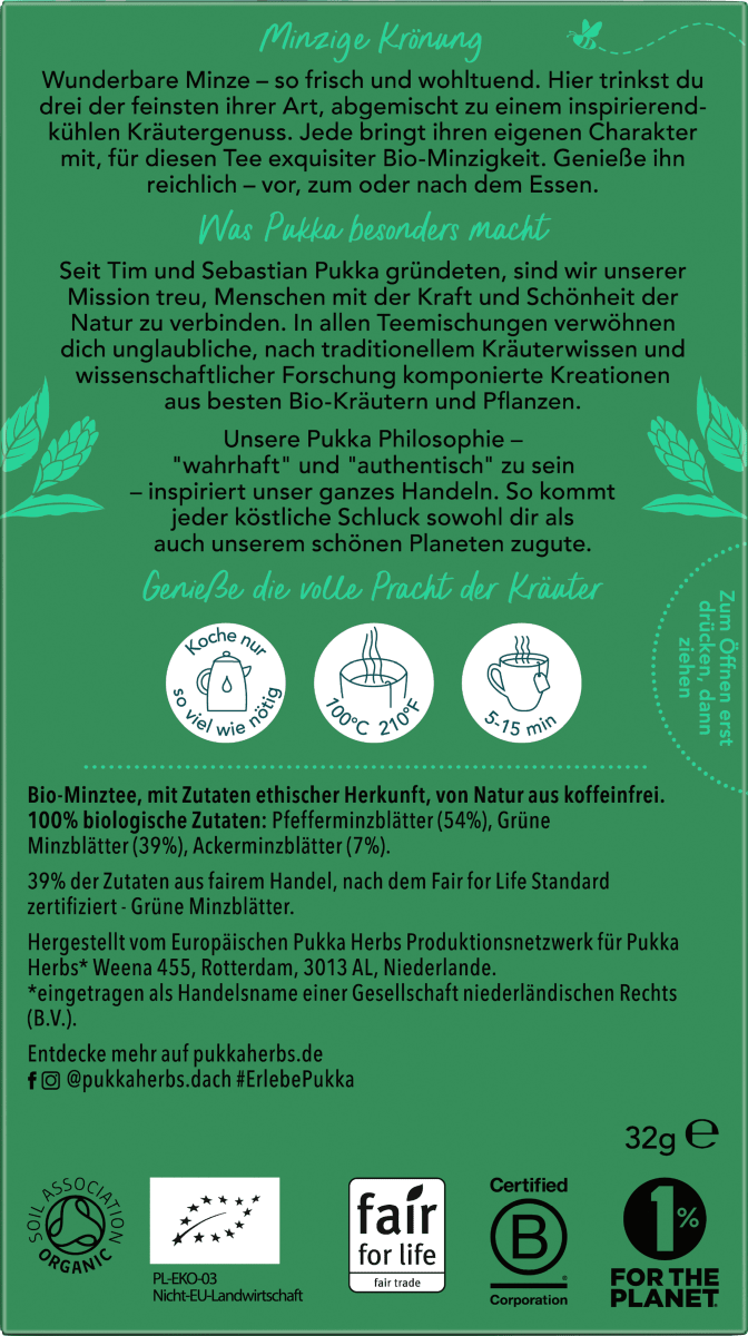Kräutertee \Drei Minze\ mit Pfefferminze, Grüner Minze, Ackerminze (20 Beutel), 32 g