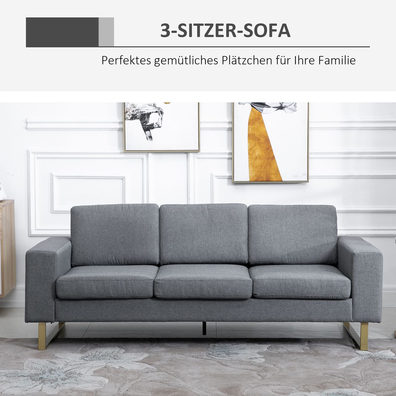 HOMCOM Polstersofa 3-Sitzer Sofa Stoffsofa Sitzmöbel Fernsehsessel Kissen Armlehne Leinen dunkelgrau 200 x 82 x 78 cm
