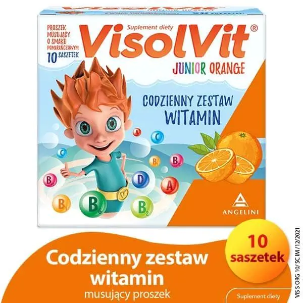 Visolvit Junior Appelsin, et sæt vitaminer i breve til børn over 3 år, appelsinsmag