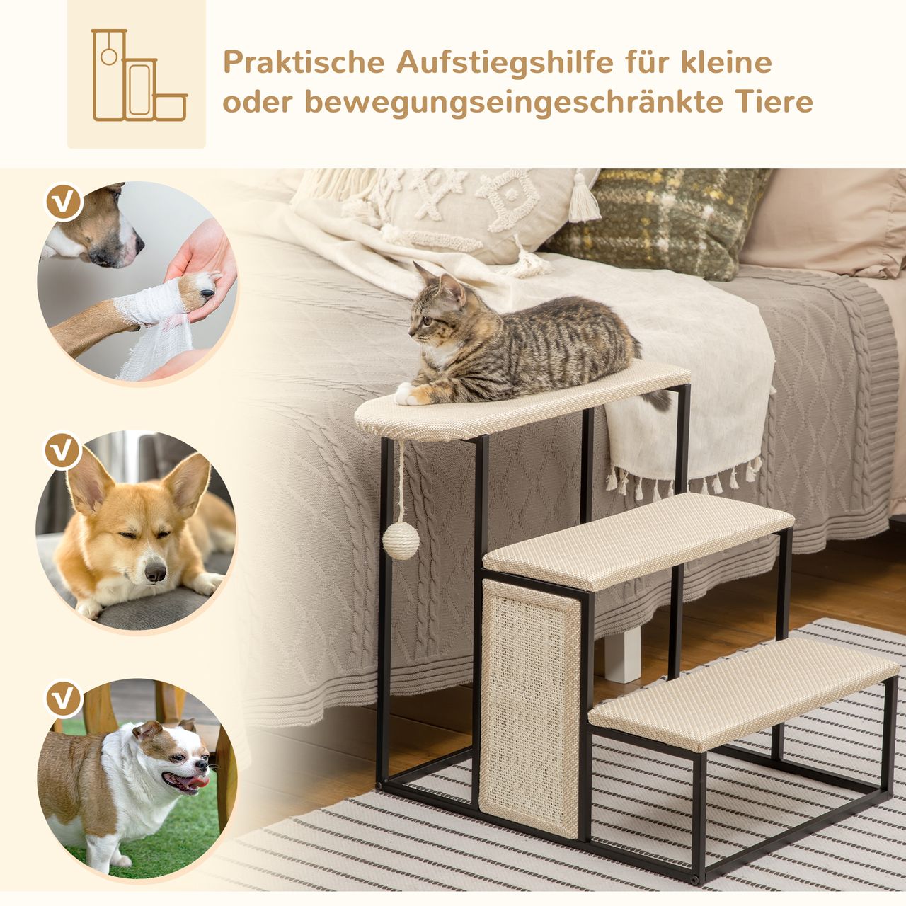 PawHut Haustiertreppe 3-stufige Katzentreppe Kratzbrett Hundetreppe Cremeweiß