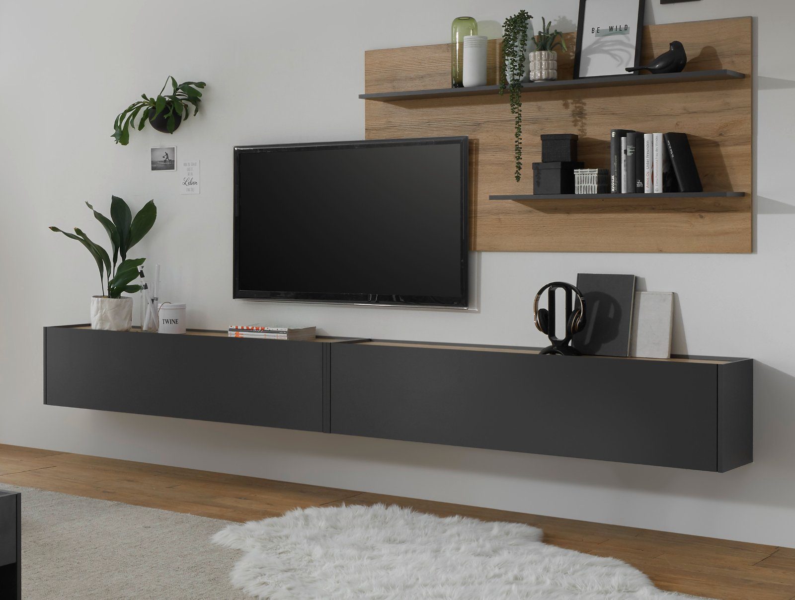 Furn.Design Wohnwand Center, (Komplett-Set, bestehend aus Lowboard 300 cm und Wandpaneel 155 cm), Breite 300 cm, mit Hänge-Lowboard