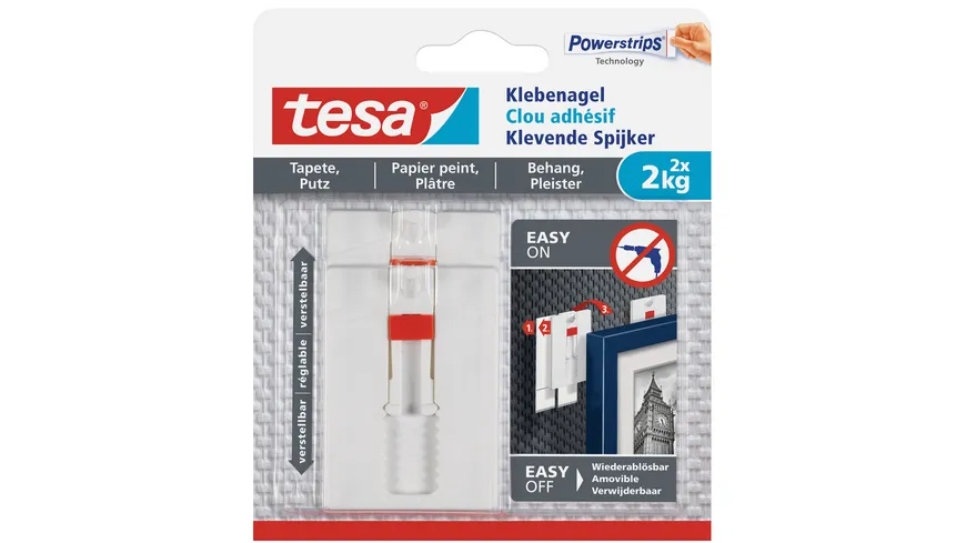 tesa®Powerstrips® Verstellbarer Klebenagel für Tapeten und Putz (2kg) 60 g
