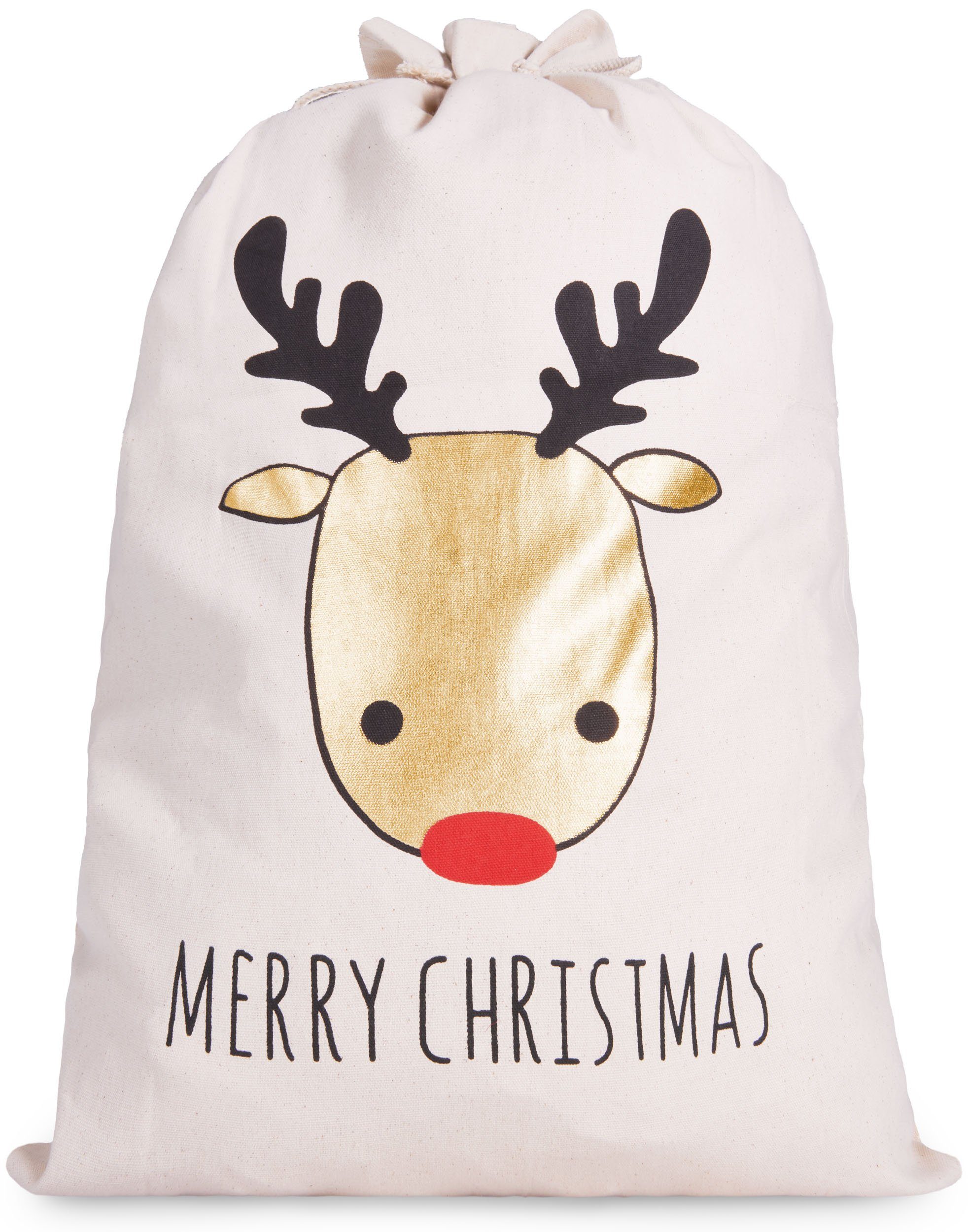 BRUBAKER Aufbewahrungstasche Weihnachtssack Rentier Gold - Merry Christmas (Nikolaussack Rentierkopf, 1-tlg., Sack Baumwolle mit Kordel zum Verpacken von Geschenken), 80 cm Geschenksack Weihnachten
