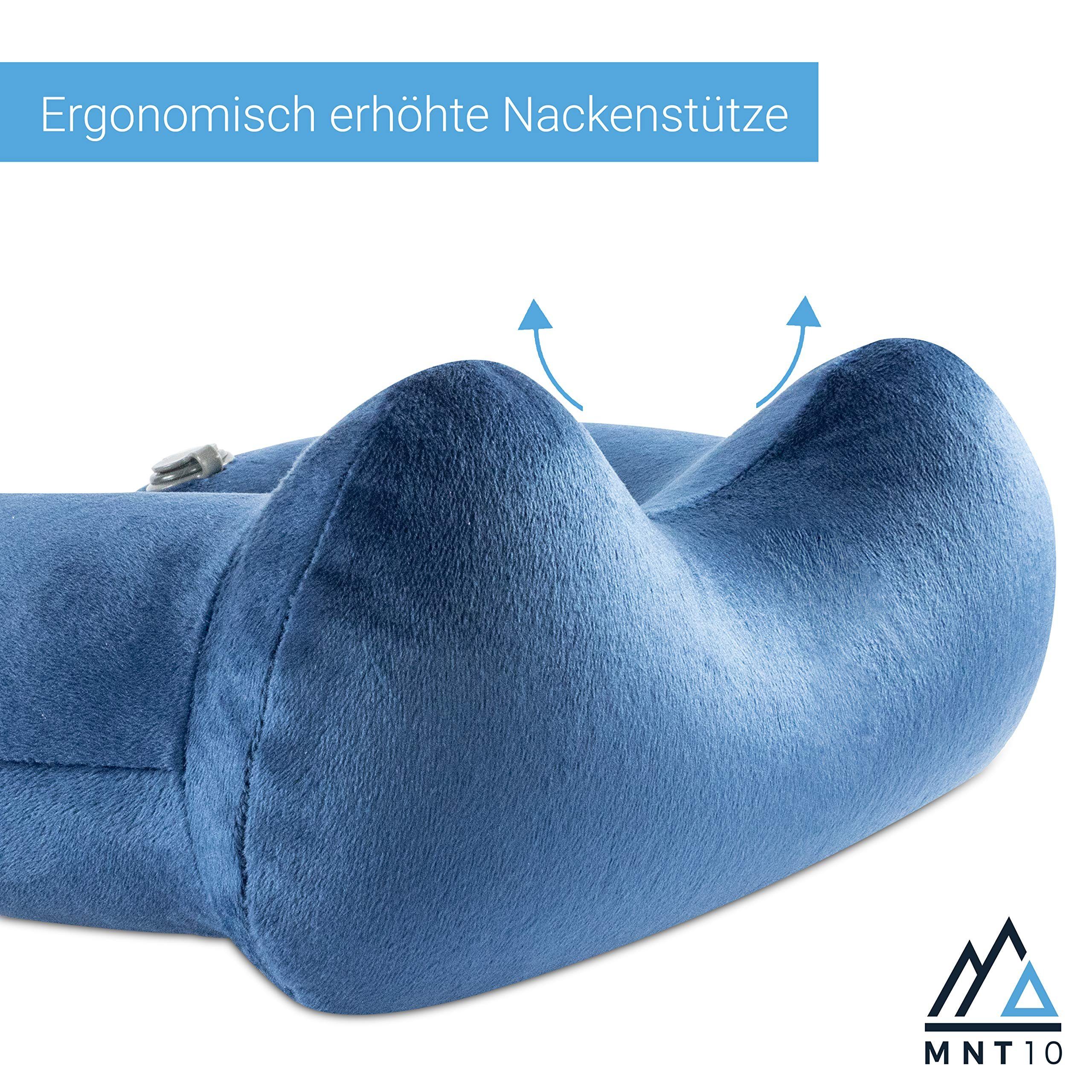Nackenstützkissen Reisekissen aufblasbar mit Schlafmaske, Ohrstöpsel & Transporttasche, MNT10, Aufblasbares Nackenkissen mit samt-weichem Bezug