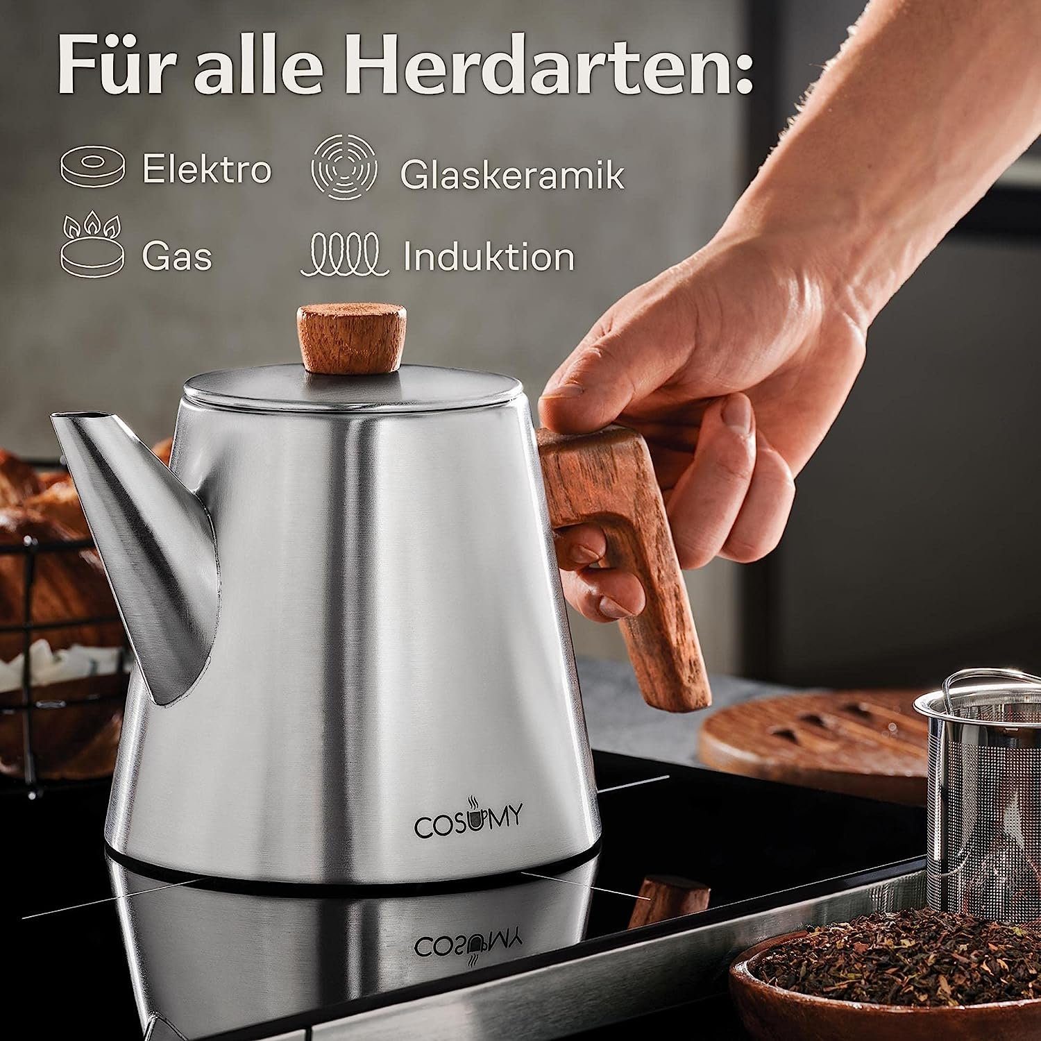 Cosumy Teekanne 1,2 L Mit Siebeinsatz und Untersetzer - Edelstahl & FSC Holz, 1,2 l, (Set), Kanne mit Sieb für Tee - Induktion - Tropffrei - Hält lange warm