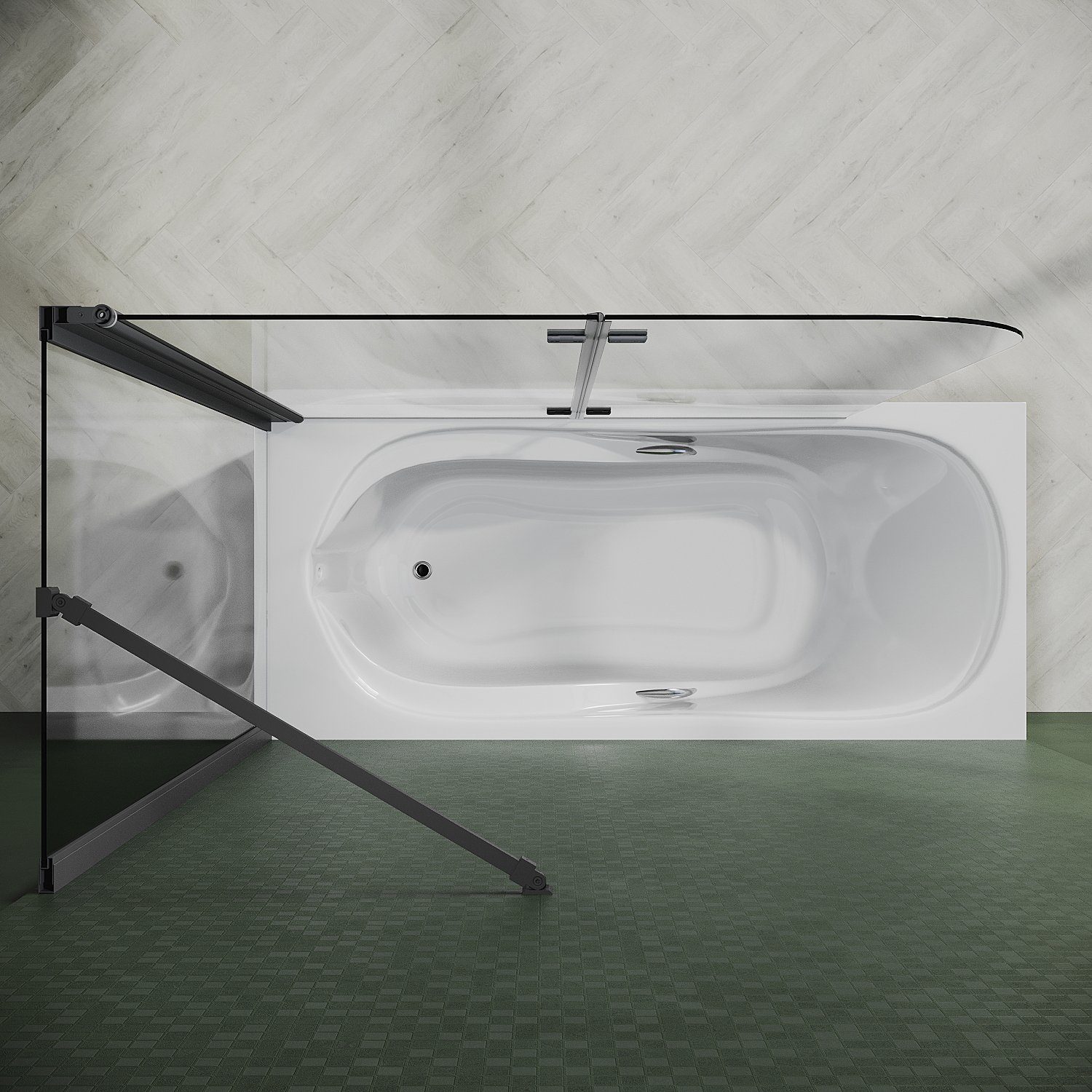 SONNI Badewannenaufsatz NANO Glas, 120x140cm, mit Seitenwand, Faltbar, Schwarz, Einscheibensicherheitsglas mit Nano Beschichtung, für Badezimmer, faltbar