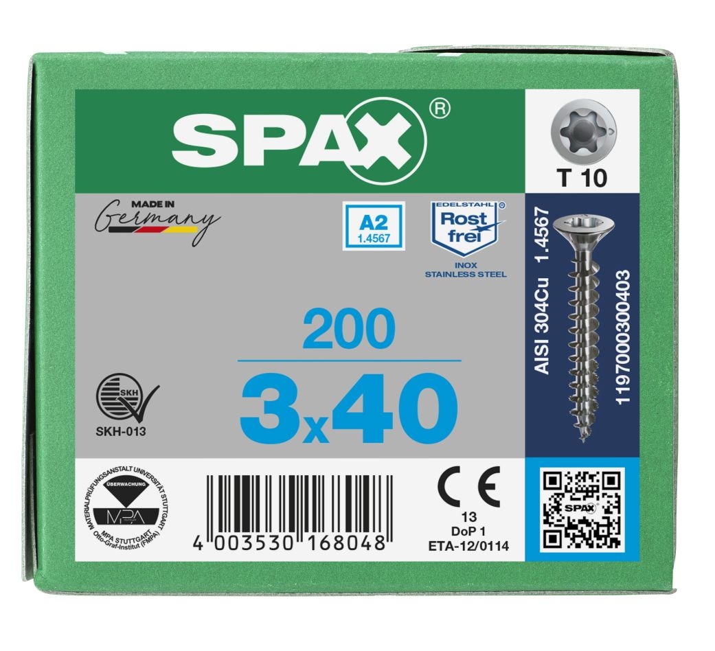 SPAX 1197000300403 Вијак од нерђајућег челика 3 x 40 мм, пуни навој, упуштена глава, T-STAR T10 - 200 комада