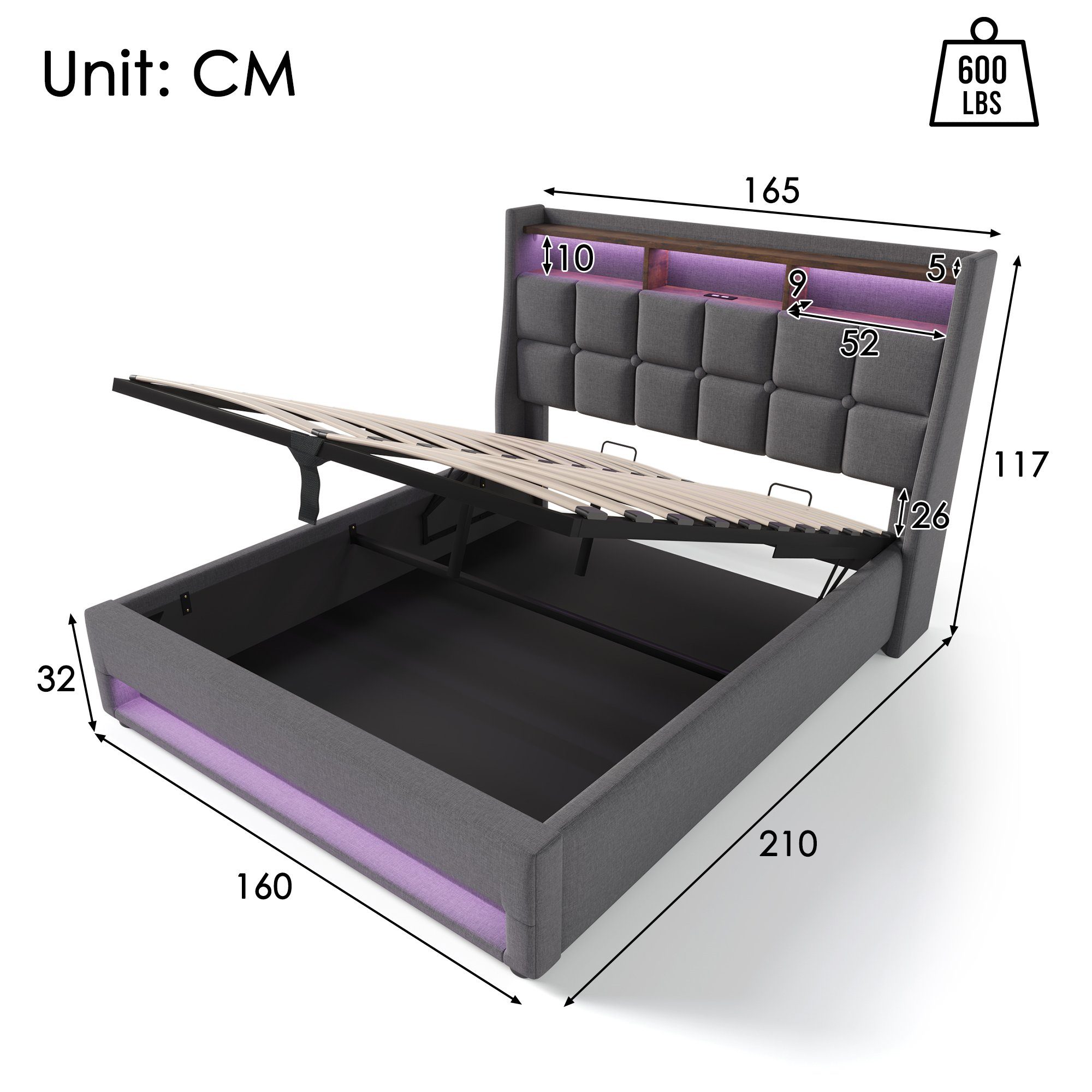 OKWISH Polsterbett Bett (LED Doppelbett Jugendbett mit USB/Typ-C Ladeanschluss), 160 x 200 cm Inklusive Matratze