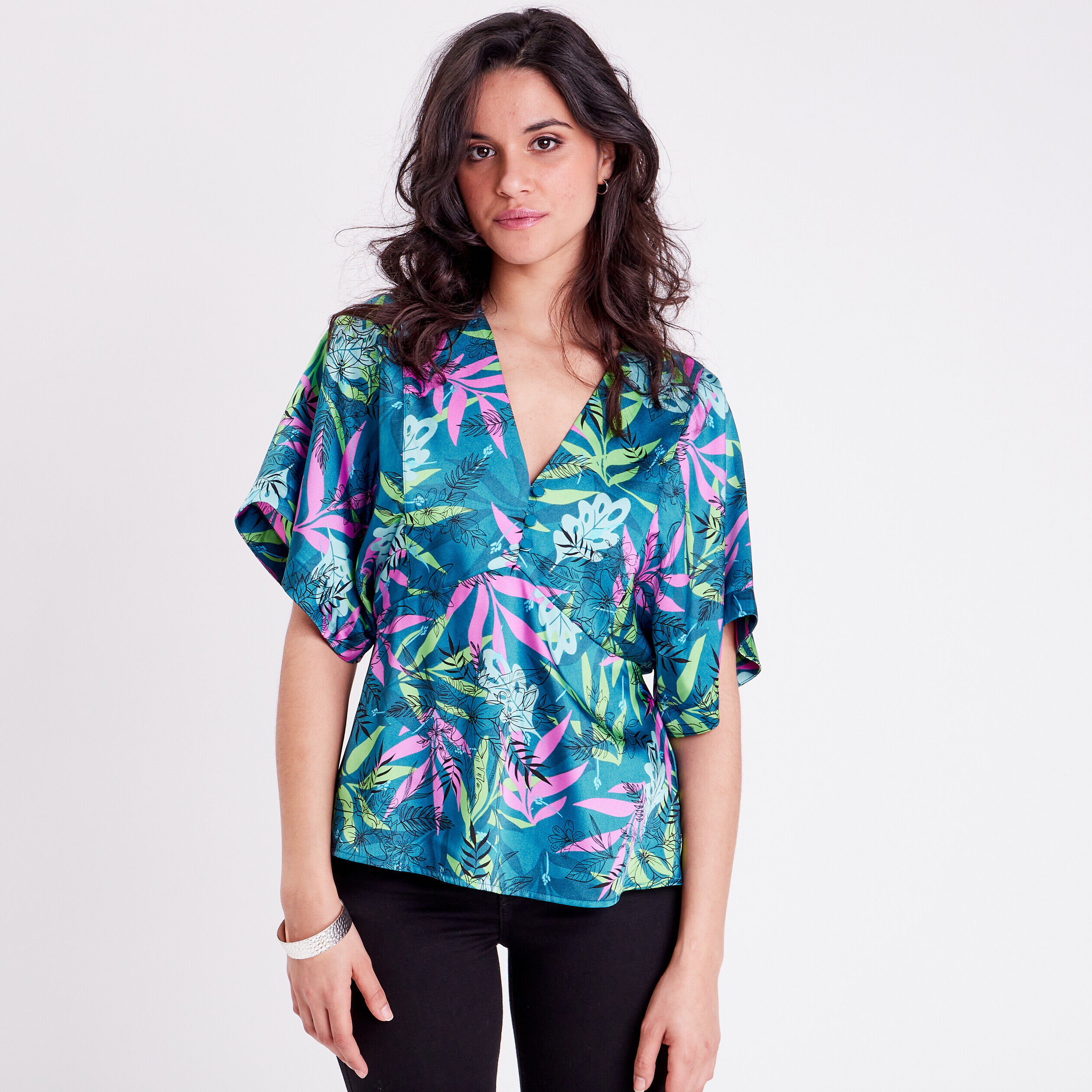 Blouse évasée manches 3/4 bleu femme | Cache Cache