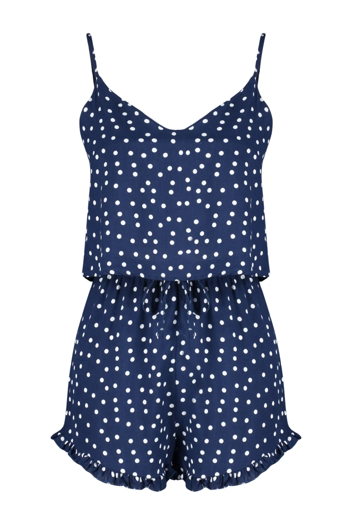 Trendyol Collection  Marineblaues Pyjama-Set aus Viskosegewebe mit Tupfen, Rüschendetail und Seilträgern THMSS21PT0742