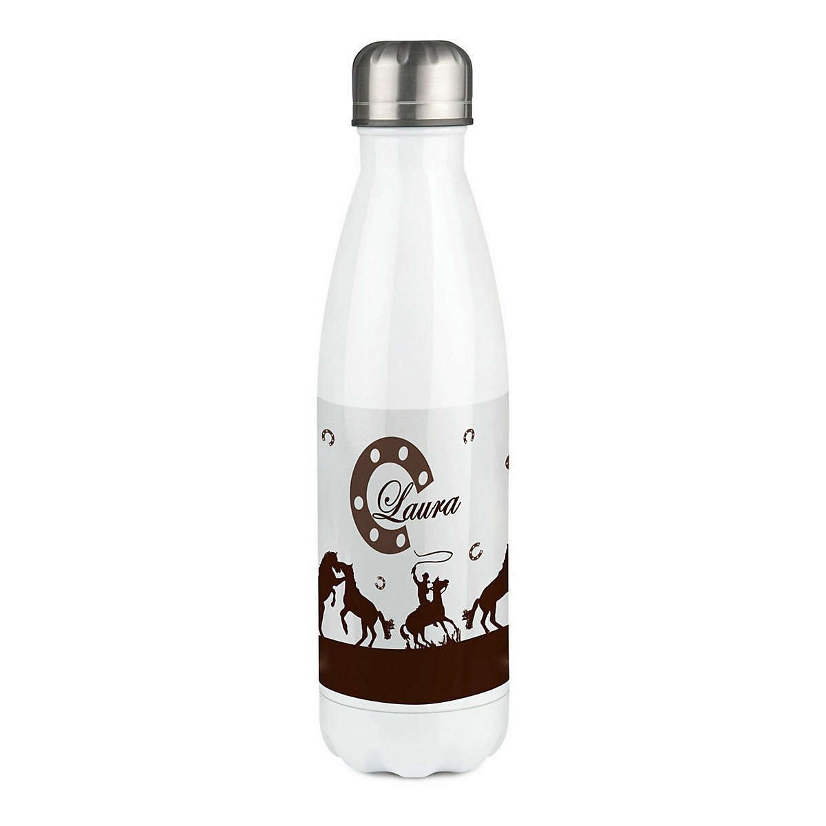 Edelstahl Kinder Thermoflasche / Trinkflasche bunt Cowboy Pferde Farbe braun Spülmaschinenfest, Auslaufsicher, Bruchfest, Doppelwandig, Für Heißgetränke geeignet, Mit Deckel, Isoliert