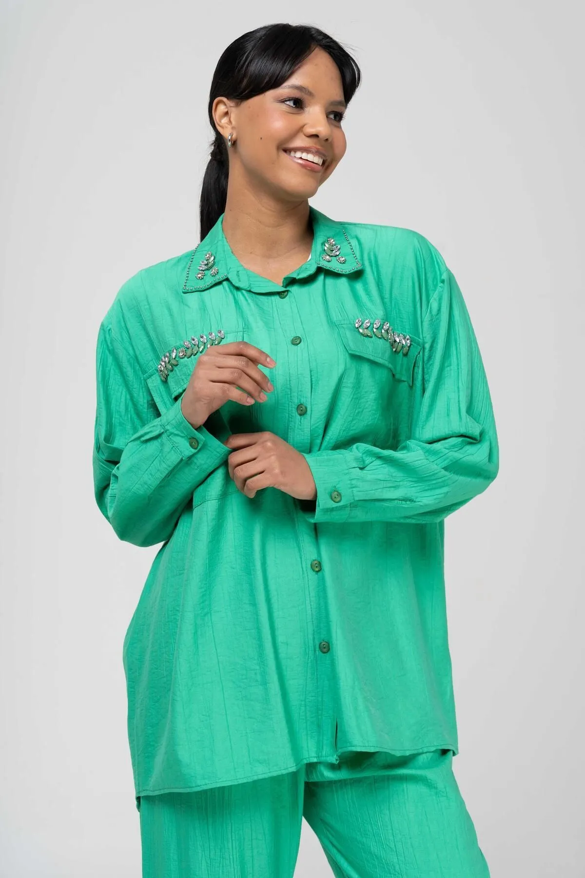 Olcay  Tuniği Hosenset mit elastischer Taille und Steindetail GRÜN 9222-TK