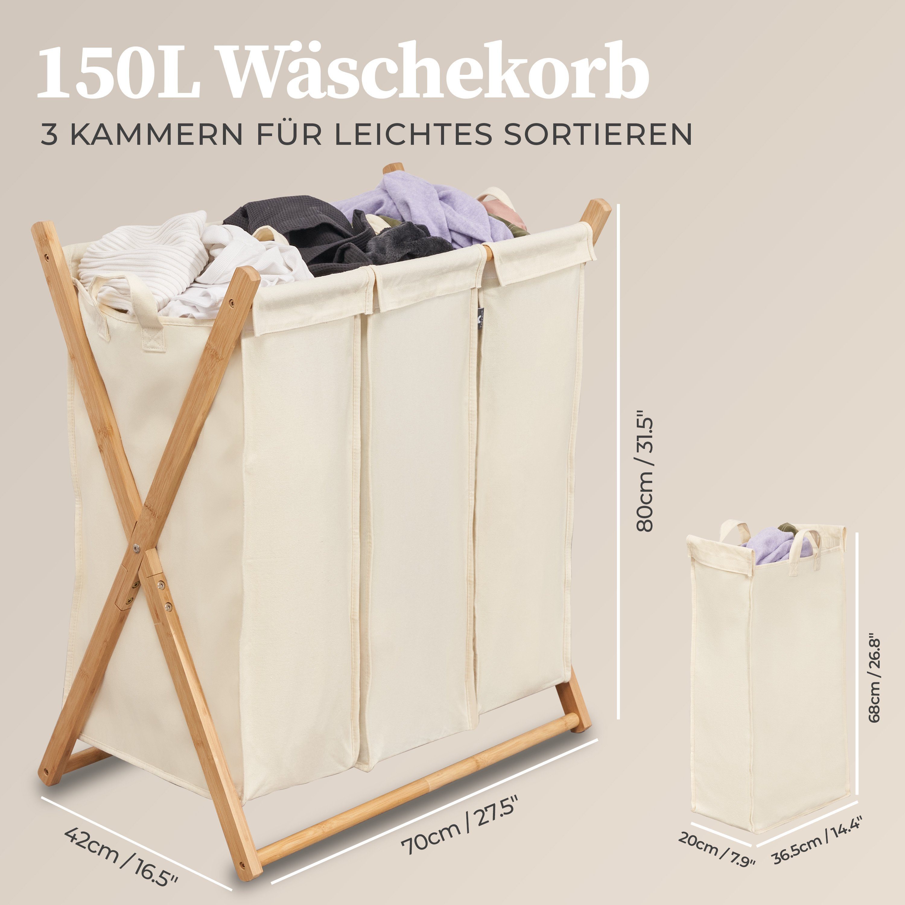 HENNEZ Wäschesortierer 3 Fächer - 150L Wäschesammler Bambus, Herausnehmbare Wäschesäcke - Premium Bambusrahmen