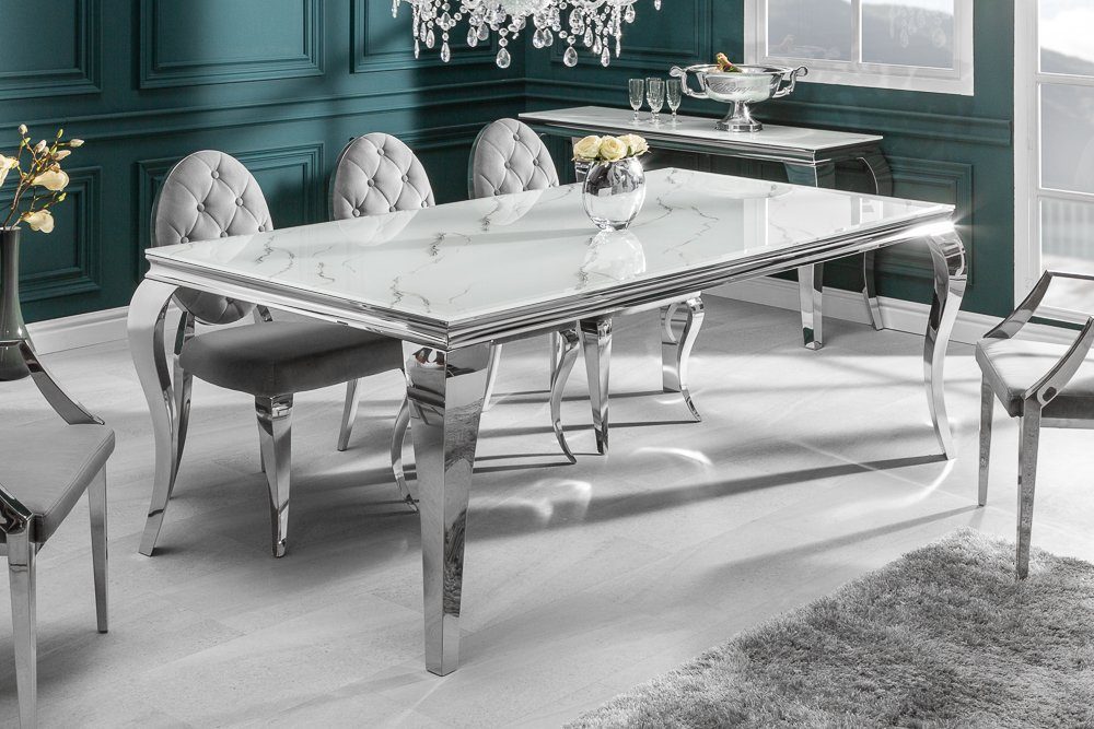 riess-ambiente Esstisch MODERN BAROCK 200cm grau / weiß, Esszimmer · Glas · Edelstahl · Marmor-Optik · Design