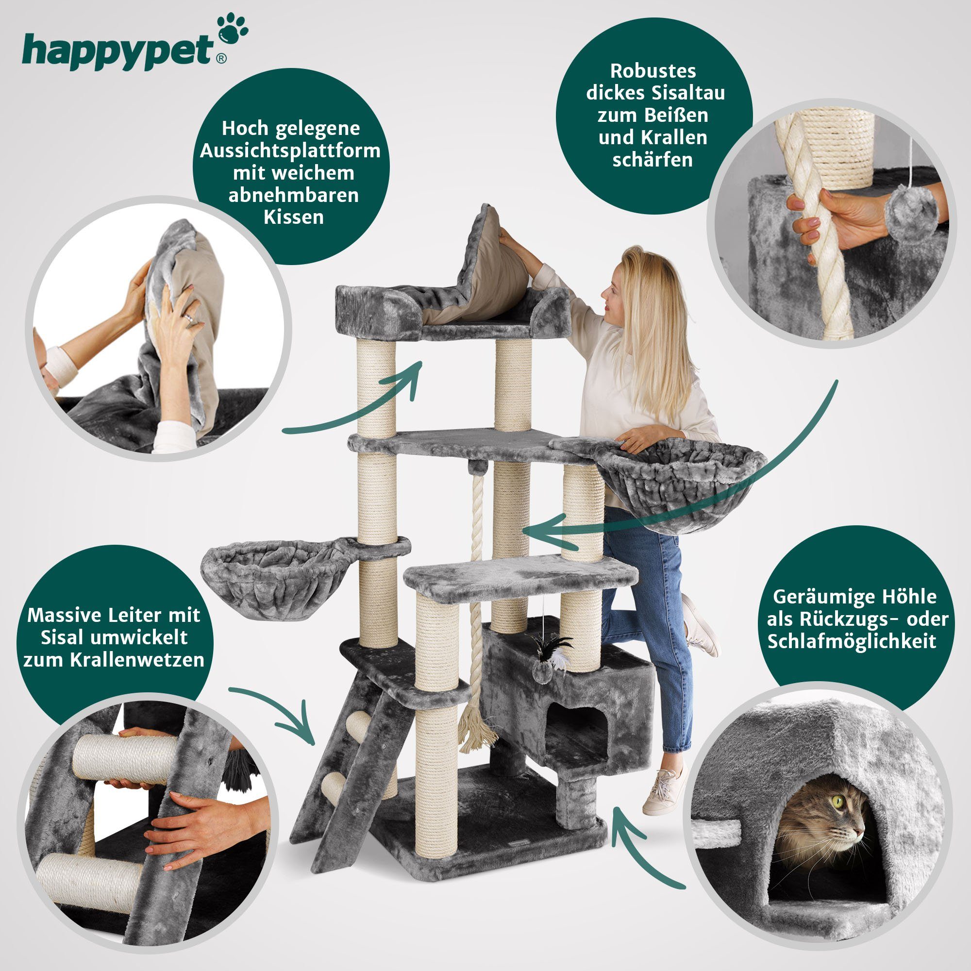 Happypet Kratzbaum MC1500, 156 cm hoch, 12 cm Dicke Sisalstämme, geprüftes Holz