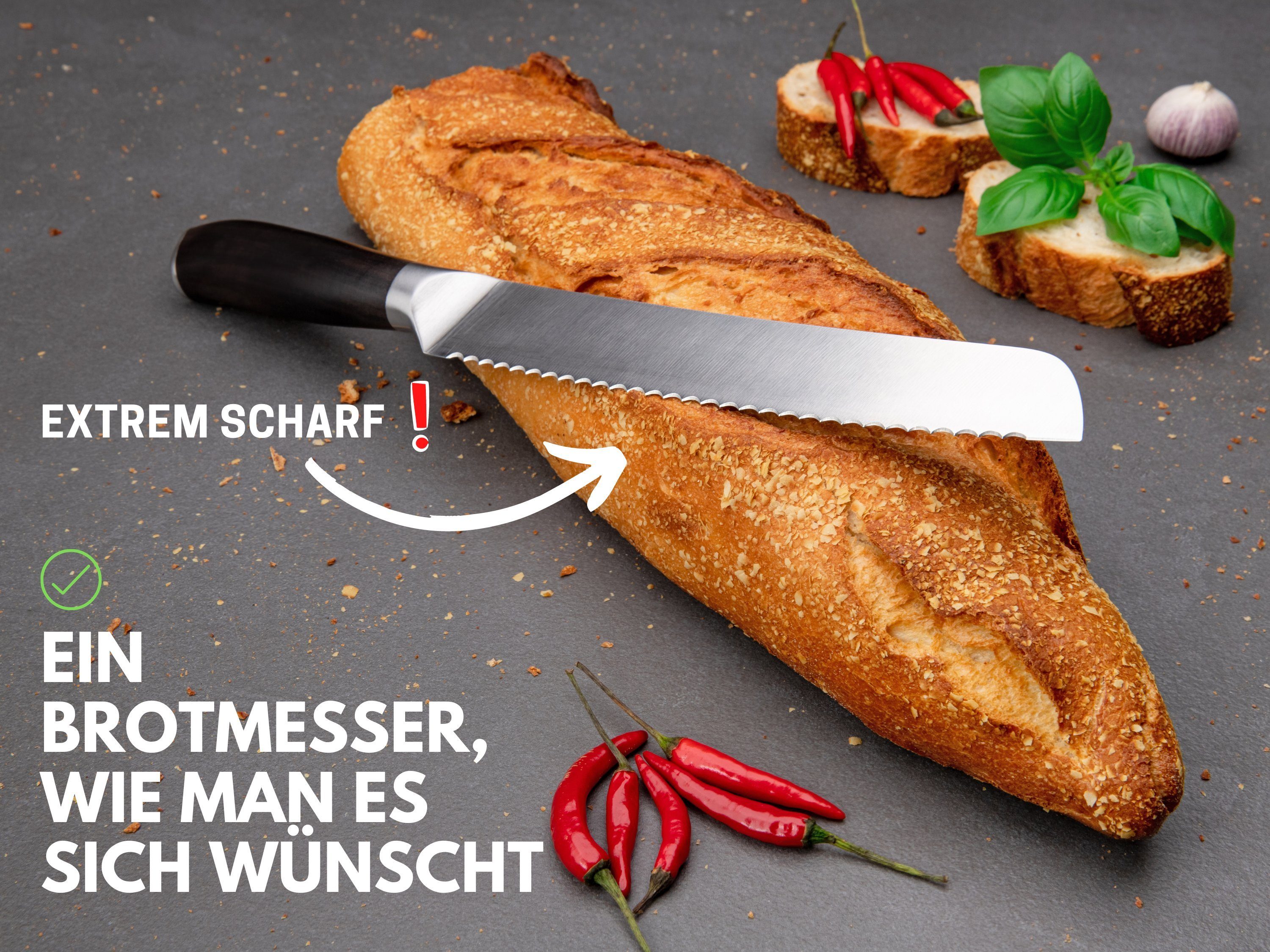 Hannah's Homebrand Brotmesser Brotmesser mit flachem Wellenschliff aus Ebenholz, Brotmesser mit verblüffend leichtem Schnitt