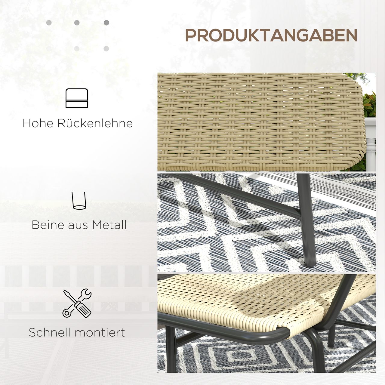 Outsunny Polyrattan Sitzbank 2-Sitzer Gartenbank Rattanbank für Balkon, Khaki