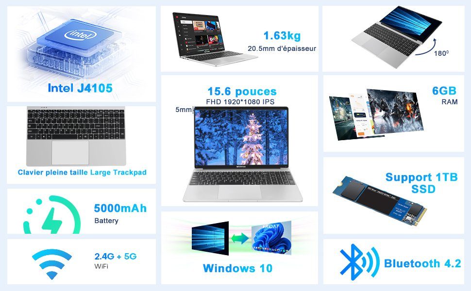 WOZIFAN Notebook (Intel Celeron J4105, 128 GB SSD, FHD Display 6 GB RAM lange Akkulaufzeit für ultimative Produktivität)