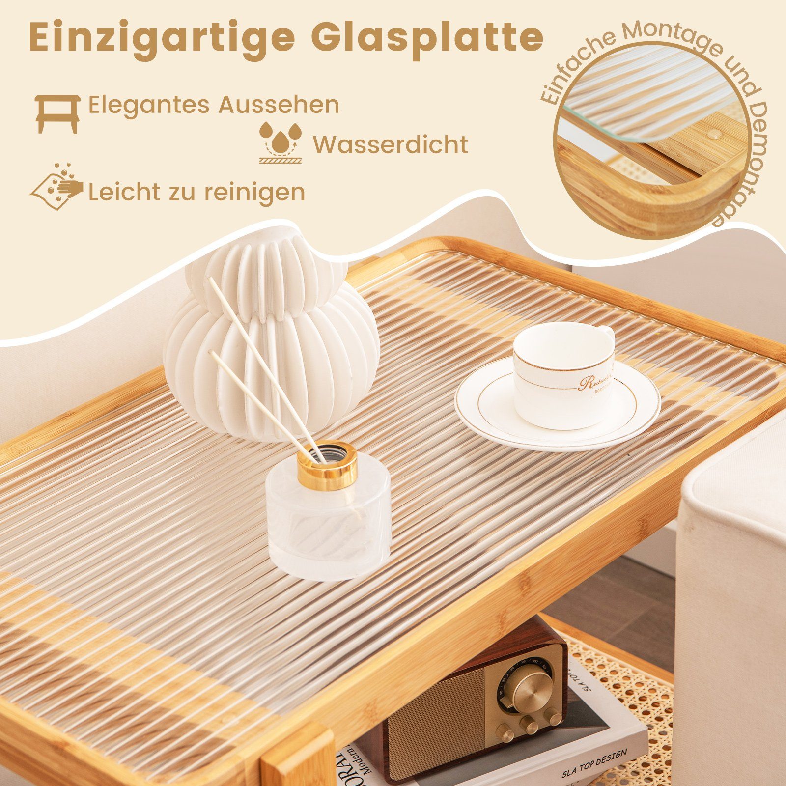 COSTWAY Beistelltisch, mit Glasplatte&Rattanablage, Bambus, 70,5x44,5x54,5cm