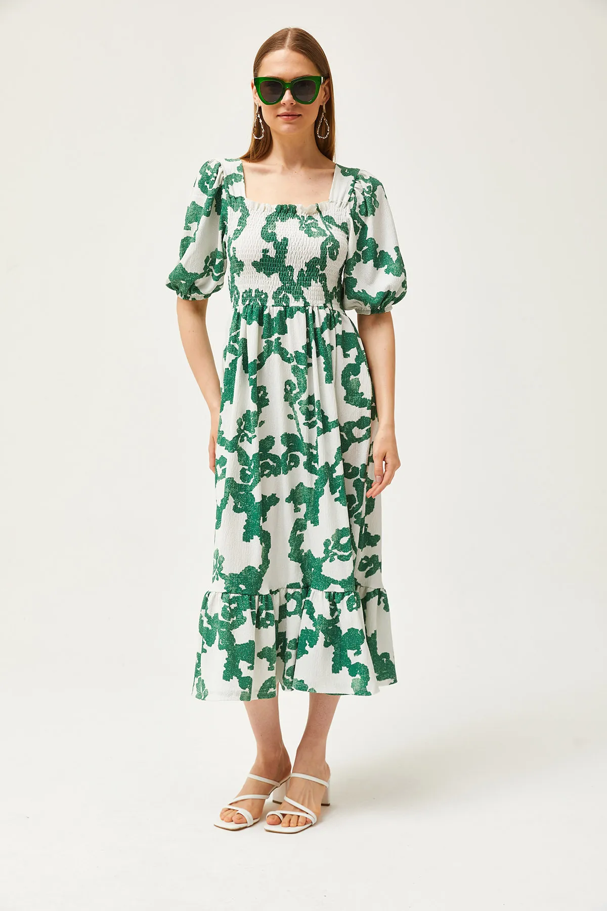 Olalook  Ecru-grünes Midi-Strickkleid mit Gimpen für Damen ELB-19002108