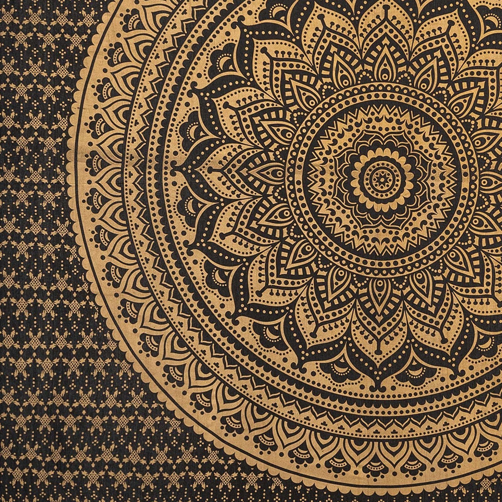 Wandteppich Tagesdecke Wandbehang Dekotuch Lotus Mandala Schwarz-Gold ca.200x230cm, KUNST UND MAGIE