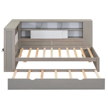 Flieks Massivholzbett, Holzbett 90x200cm mit Ladeanschluss/ Stauraum/ Ausziehbett 90x190cm