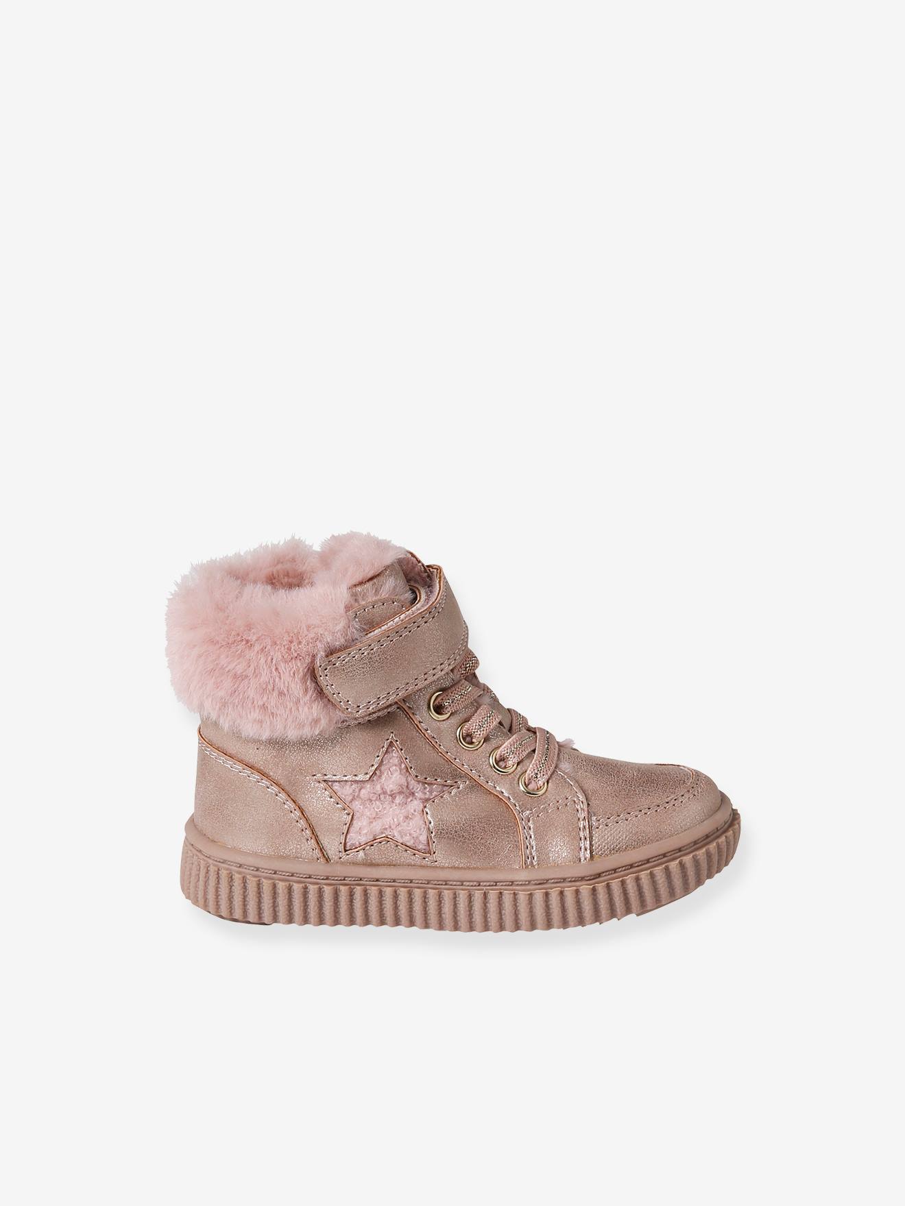 Baskets fourrées lacées, scratchées et zippées bébé rose nude