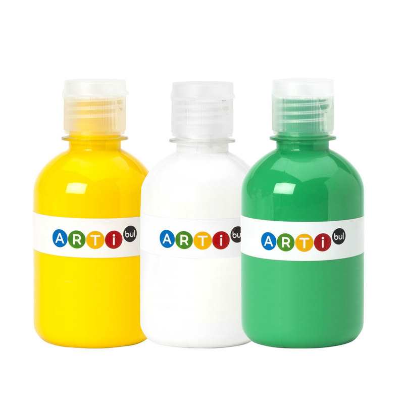 Lot de 3 bouteilles de gouache jaune, vert et blanc Oxybul