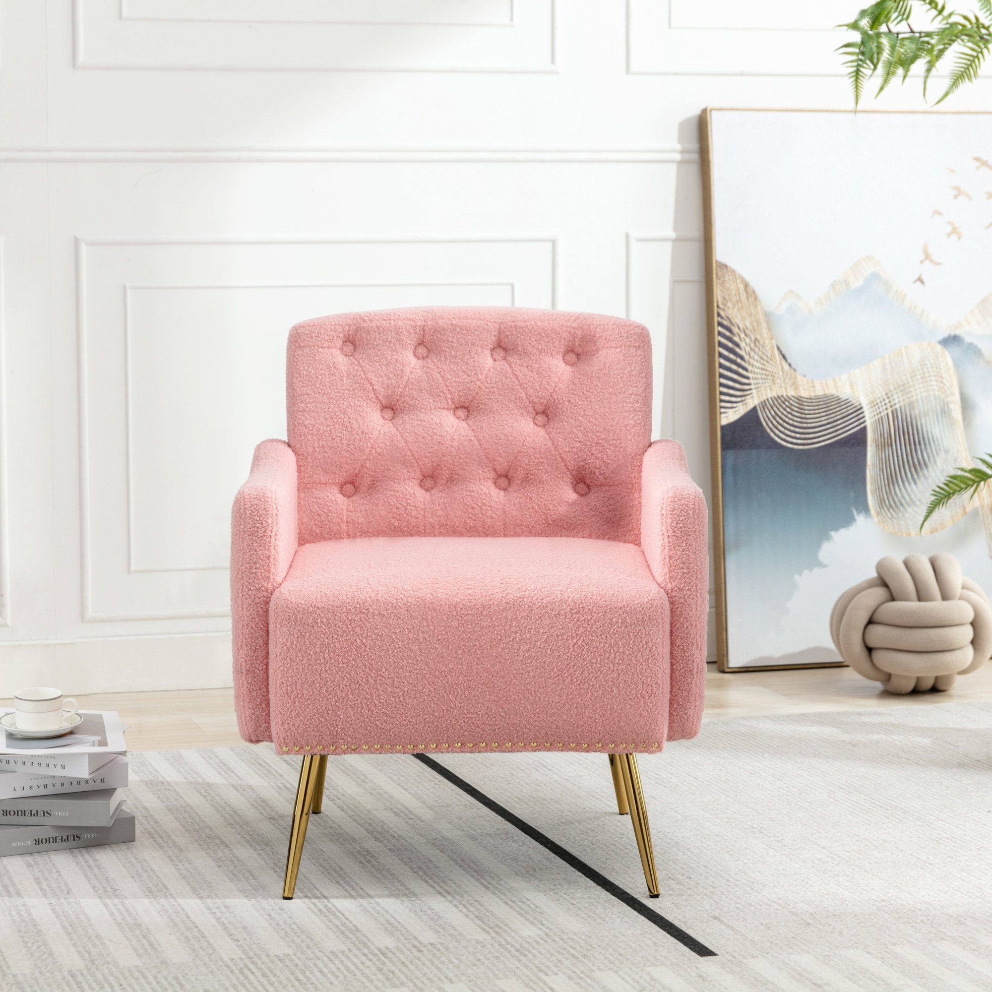 OKWISH Sessel Relaxsessel, Relaxstuhl, goldene Metallbeine, Teddy-Samt-Stuhl (Wohnzimmerstuhl, bequemer Sessel, geeignet zum Lesen oder Entspannen, Wohnzimmerstuhl, bequemer Sessel), mit Reißverschluss-Design