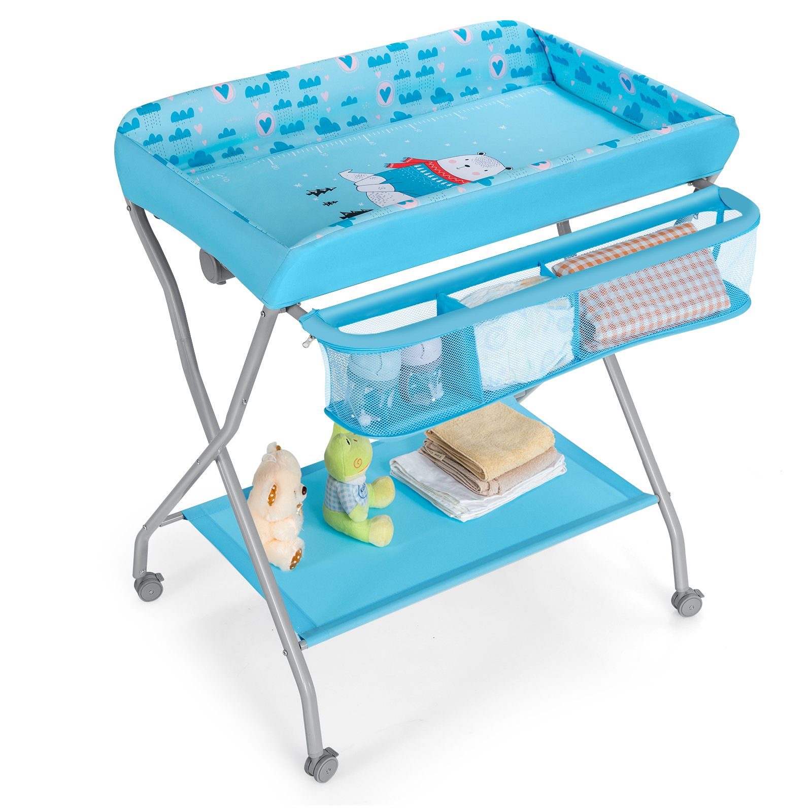 COSTWAY Wickeltisch, klappbar & rollbar, mit Sicherheitsgurt, bis 11kg
