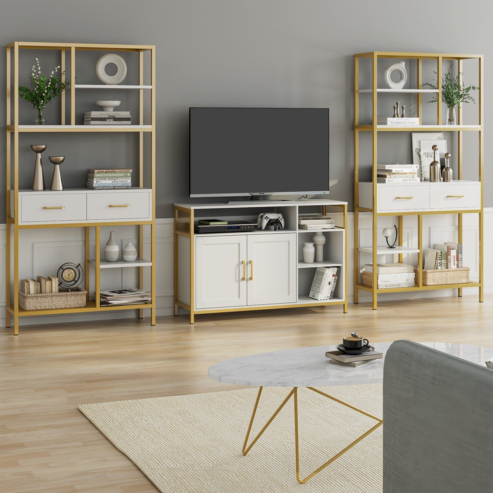 HOMECHO Bücherregal, Standregal mit Schubladen und Ablagen stabil 90x30x180cm