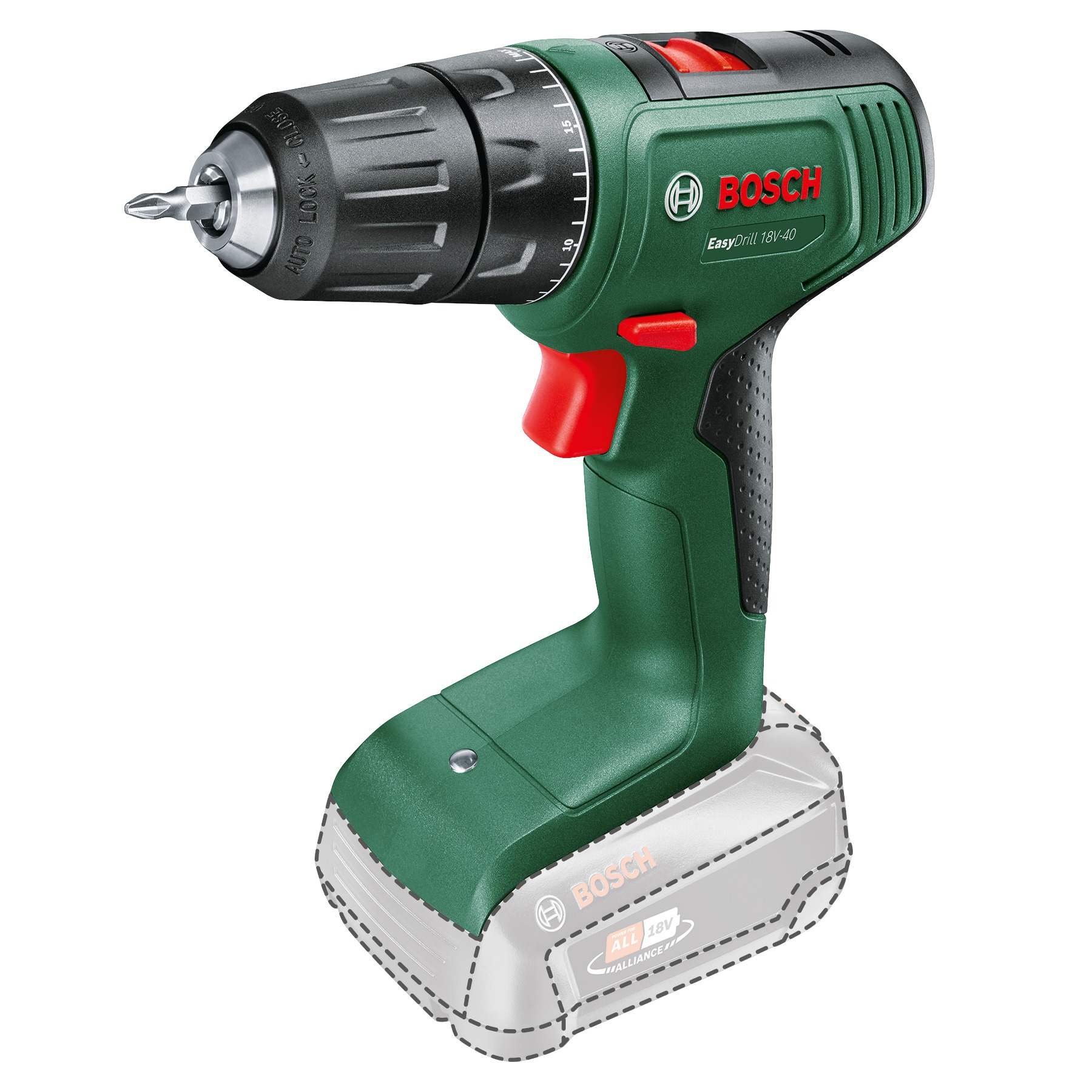 Coffret d'outils sans fil Bosch Green 0615A500A9 : 3 outils, 2 batteries 18 V 2,5 Ah, chargeur AL 18V-44 et sac à outils inclus.
