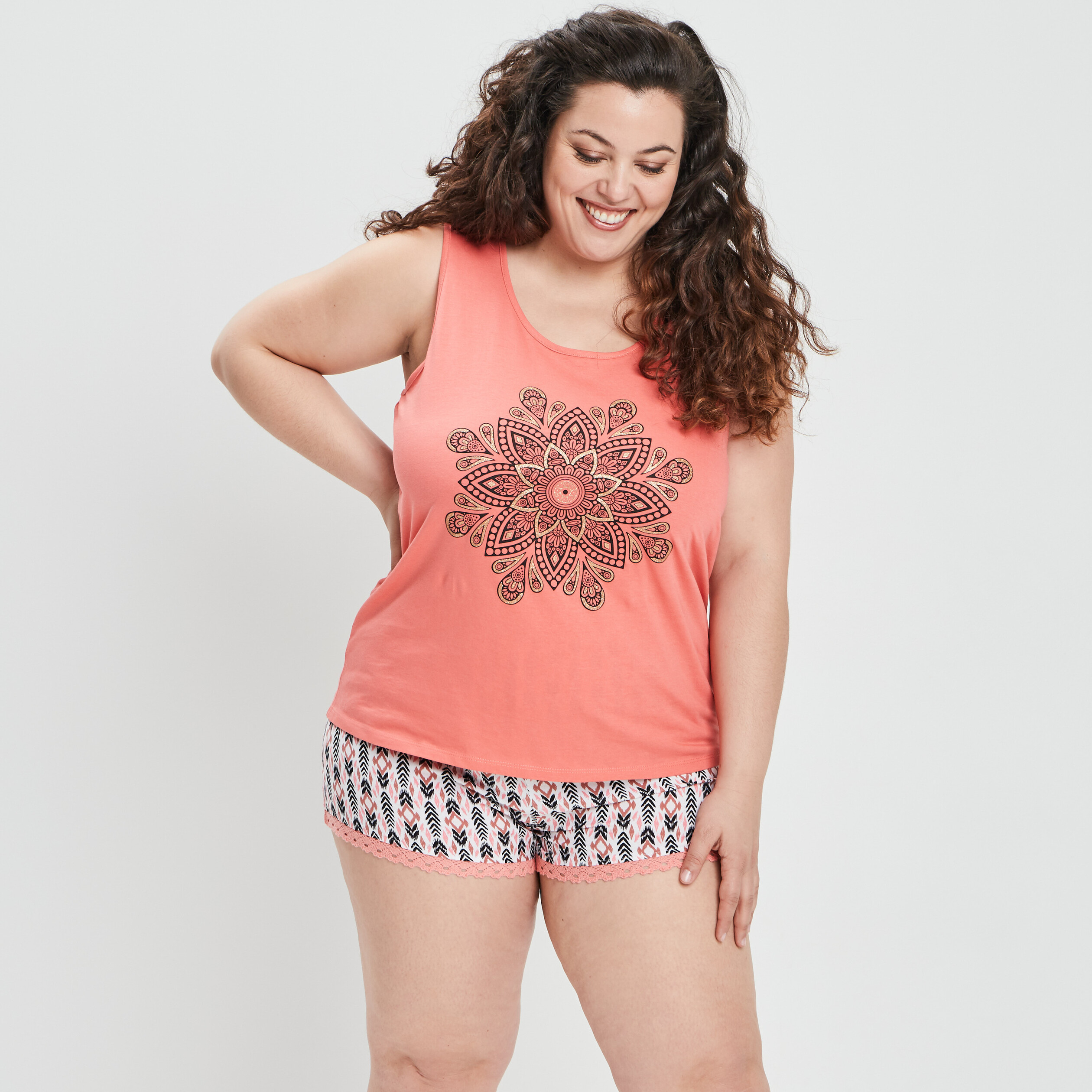 Ensemble pyjama 2 pièces orange corail femme grande taille | La Halle