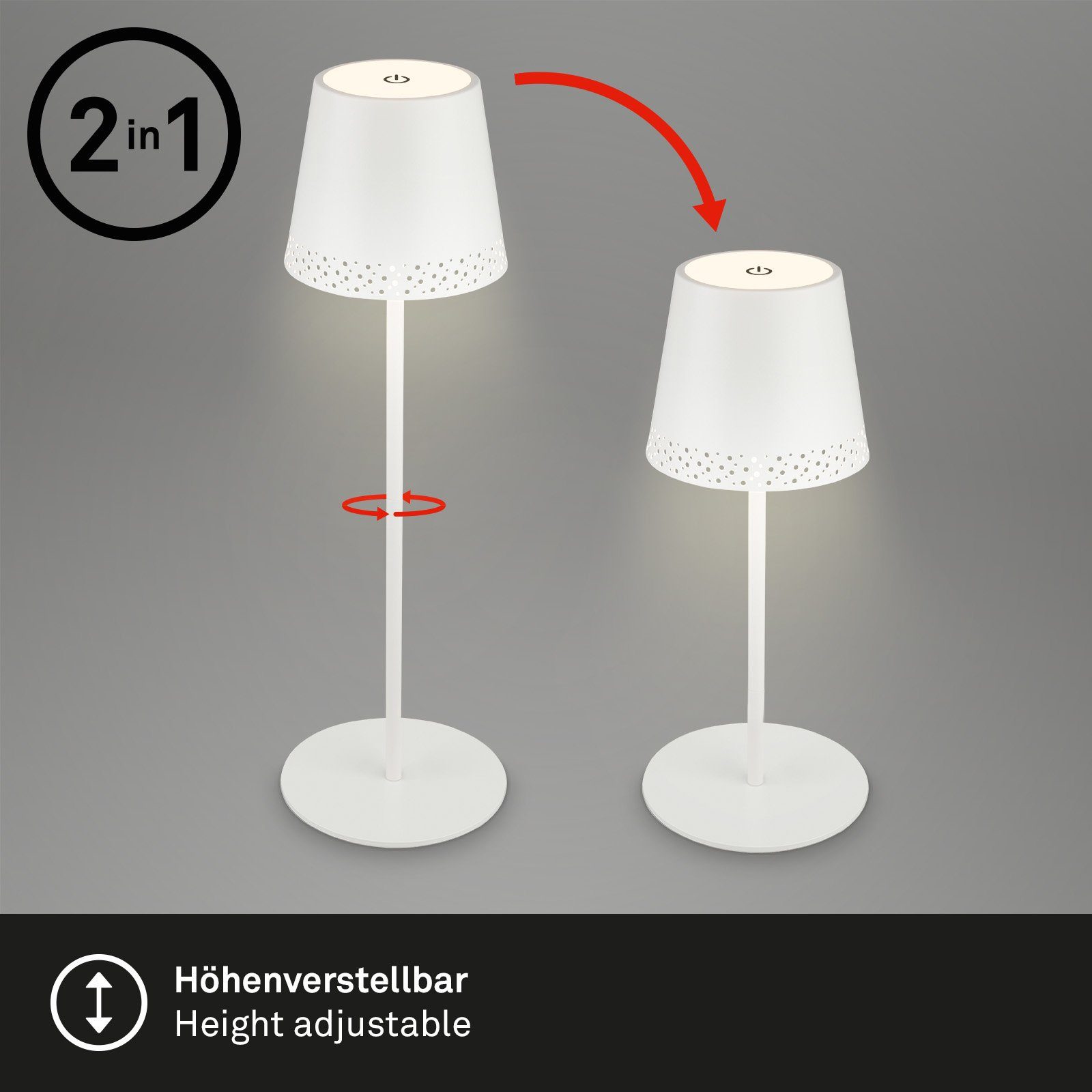 Briloner Leuchten Außen-Tischleuchte 7438016, LED fest verbaut, Warmweiß, mit Akku, höhenverstellbar, USB-C, warmweiß, IP44, silber, 38 cm