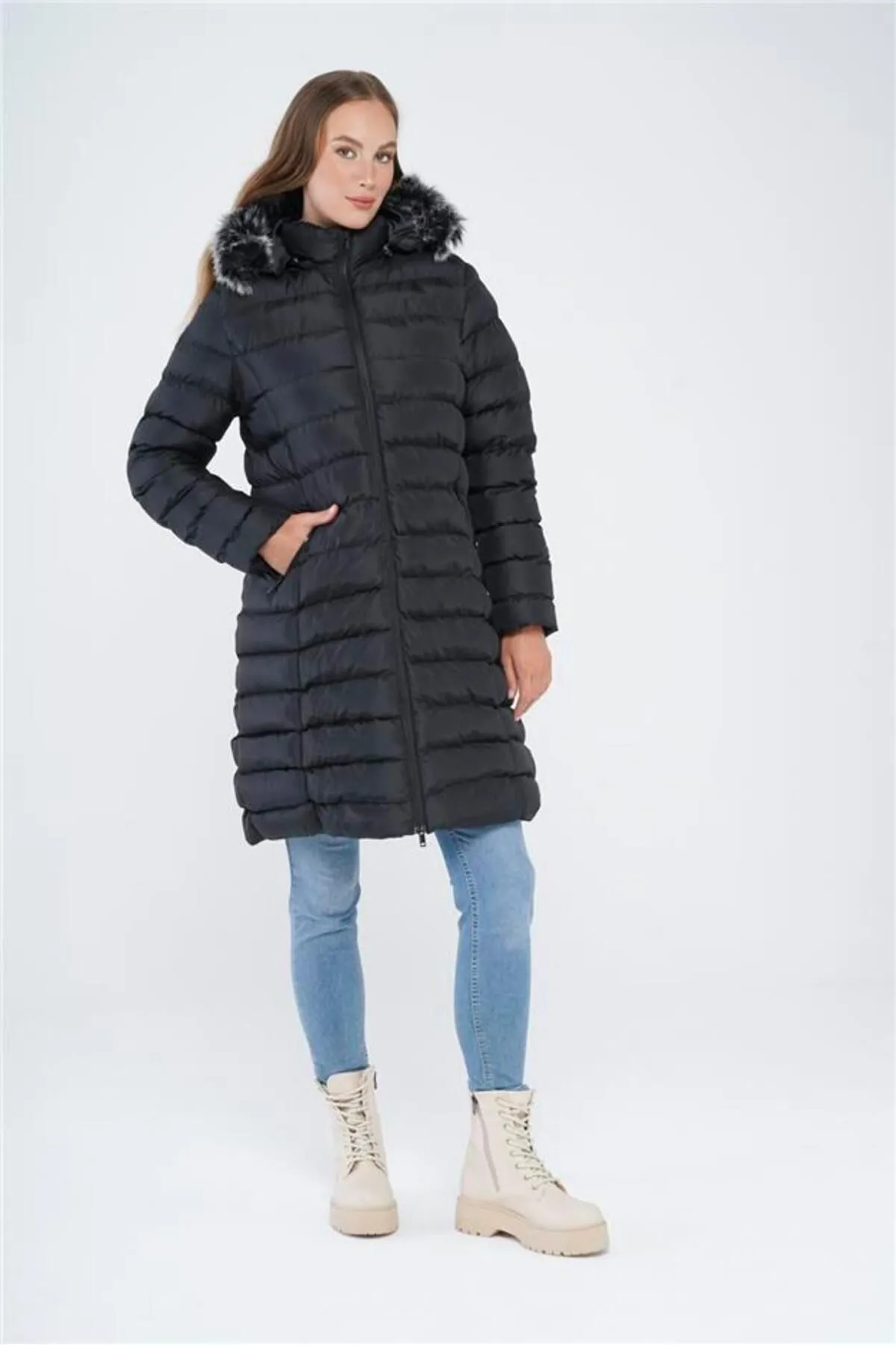 Olcay  Puffermantel mit abnehmbarer Fellkapuze, Schwarz 6401
