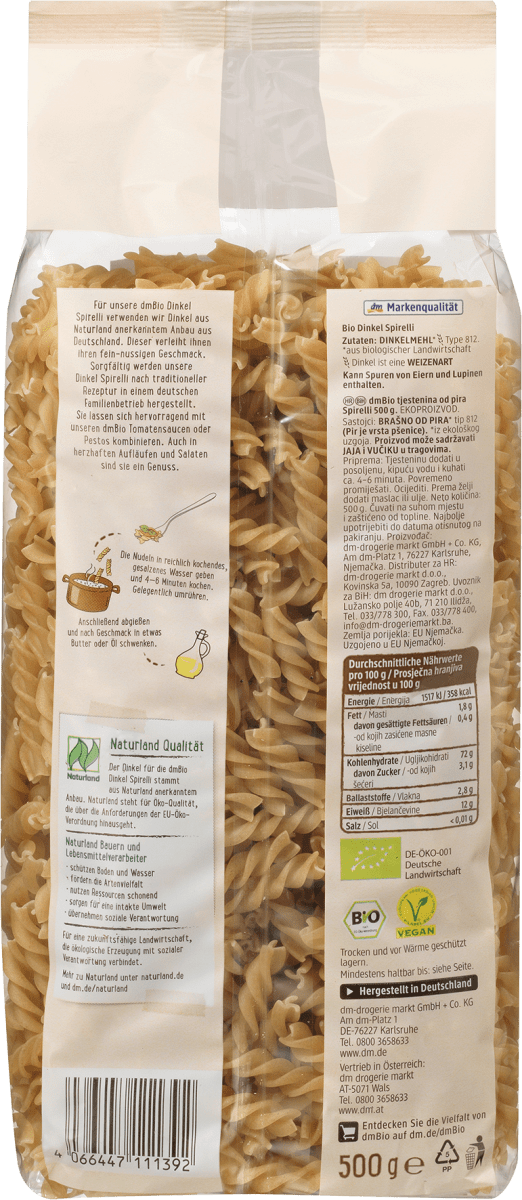 Nudeln, Spirelli aus Dinkel, 500 g