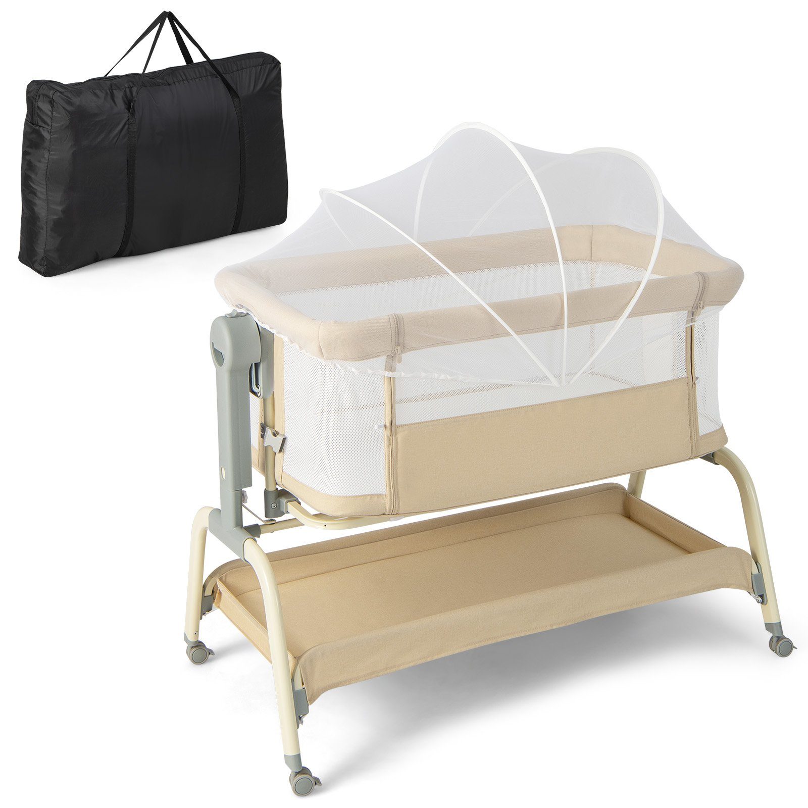 COSTWAY Baby-Reisebett 4 in 1 Beistellbett, 6 fach höhenverstellbar